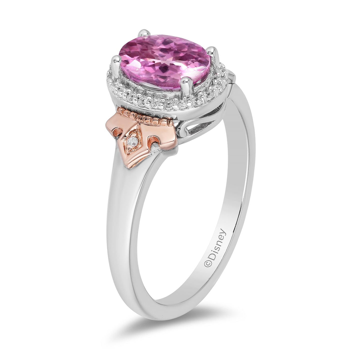 Enchanted Disney Fine Jewelry 14K Rose Gold over Sterling Silver with 1/10 CTTW Diamond and Created Pink Sapphire Aurora Crown Ring