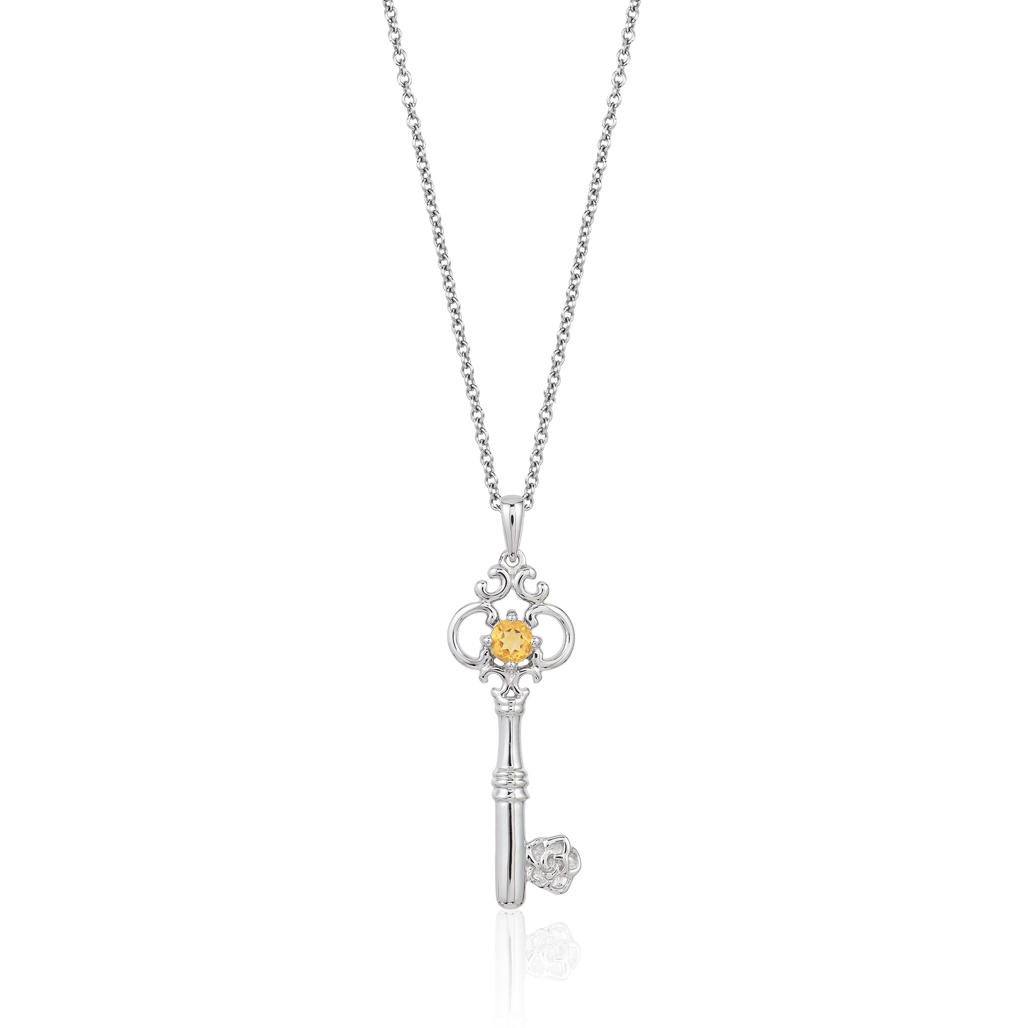 Disney Belle Inspired Citrine Key Pendant Necklace in Sterling