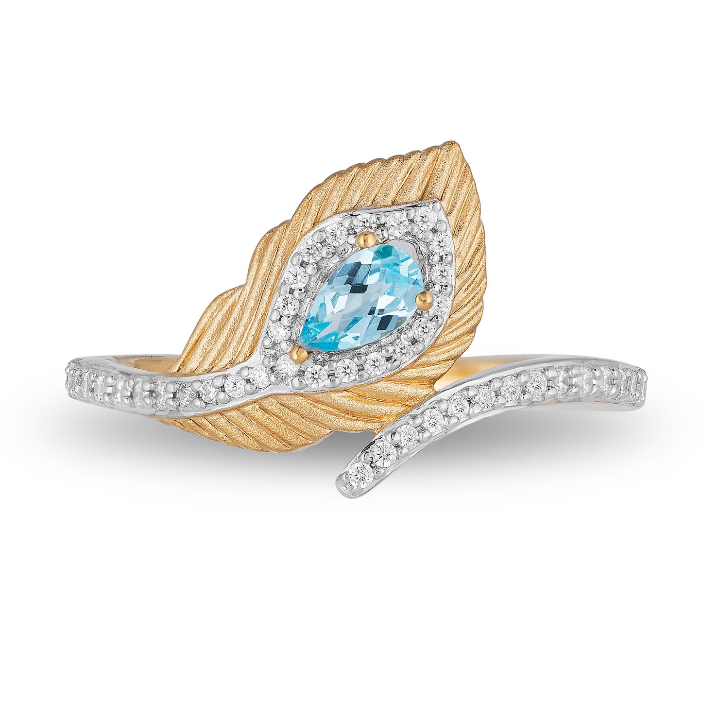 Enchanted Disney Fine Jewelry 10K Yellow Gold 1/6 CTTW Diamond with Swiss Blue Topaz Jasmine Peacock Feather Ring