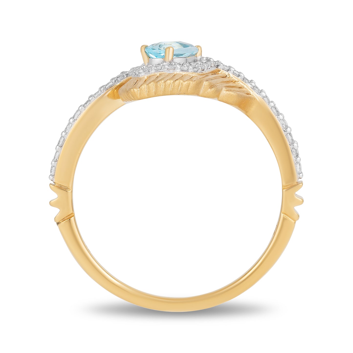 Enchanted Disney Fine Jewelry 10K Yellow Gold 1/6 CTTW Diamond with Swiss Blue Topaz Jasmine Peacock Feather Ring