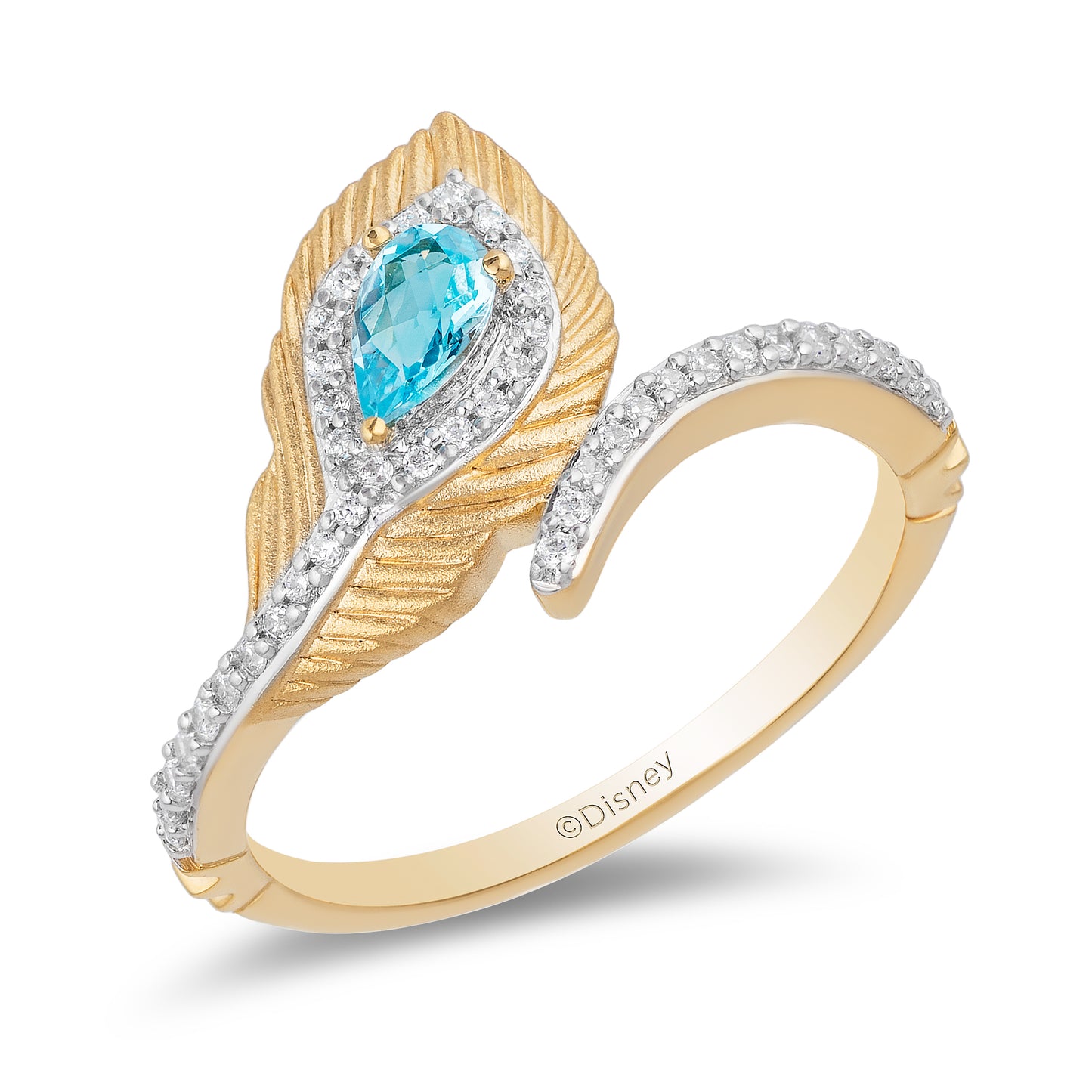 Enchanted Disney Fine Jewelry 10K Yellow Gold 1/6 CTTW Diamond with Swiss Blue Topaz Jasmine Peacock Feather Ring