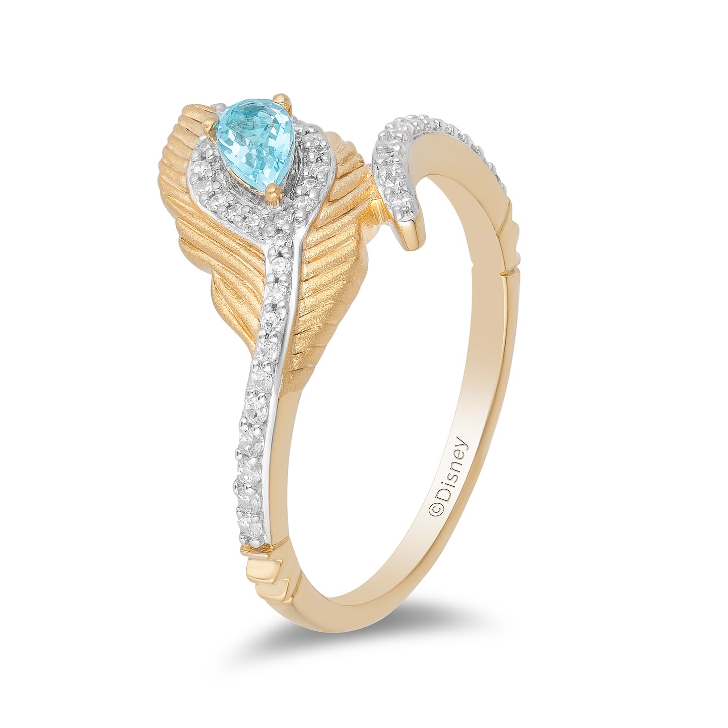 Enchanted Disney Fine Jewelry 10K Yellow Gold 1/6 CTTW Diamond with Swiss Blue Topaz Jasmine Peacock Feather Ring