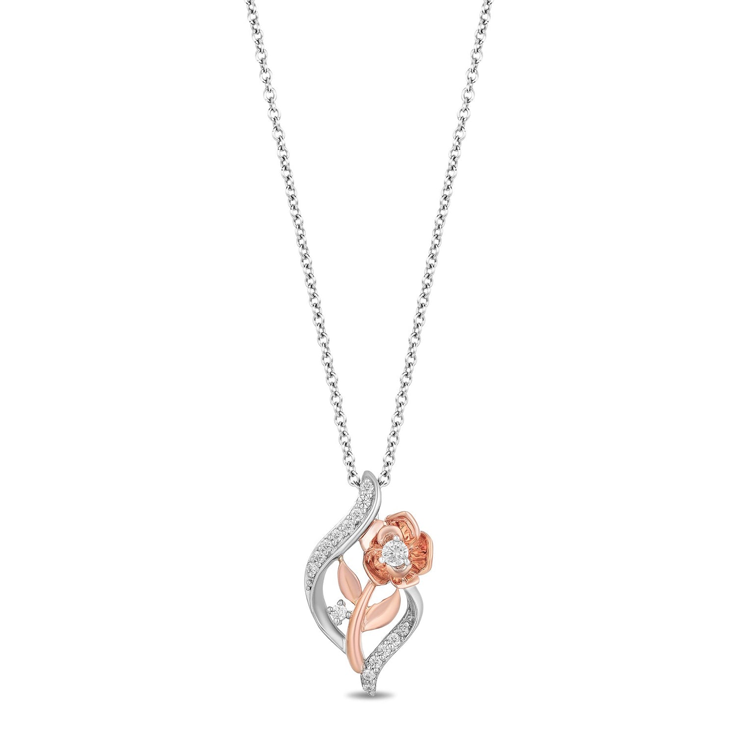 Disney Belle Inspired Diamond Rose with Heart Pendant Necklace in 10K Sterling Silver & Rose Gold 1/6 Cttw | Enchanted Disney Fine Jewelry