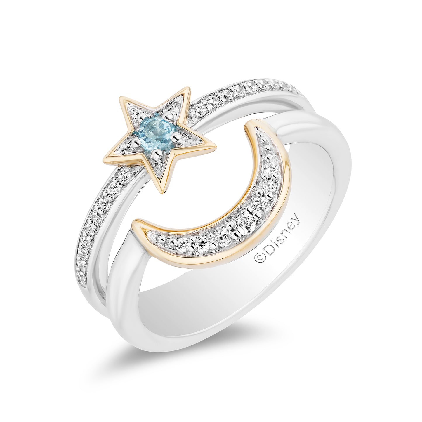 Disney Jasmine Inspired Diamond & Swiss Blue Topaz Star & Moon Ring in Sterling Silver and 10K Yellow Gold 1/6 CTTW View 1