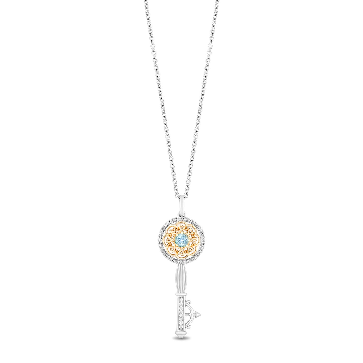 Disney Merida Inspired Diamond & Swiss Blue Topaz Key Necklace Pendant in Sterling Silver and 10K Yellow Gold 1/6 CTTW View 1