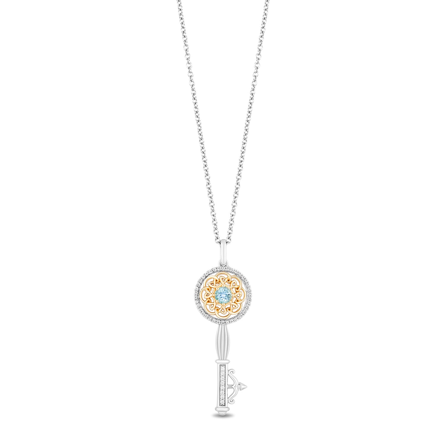 Disney Merida Inspired Diamond & Swiss Blue Topaz Key Necklace Pendant in Sterling Silver and 10K Yellow Gold 1/6 CTTW View 1