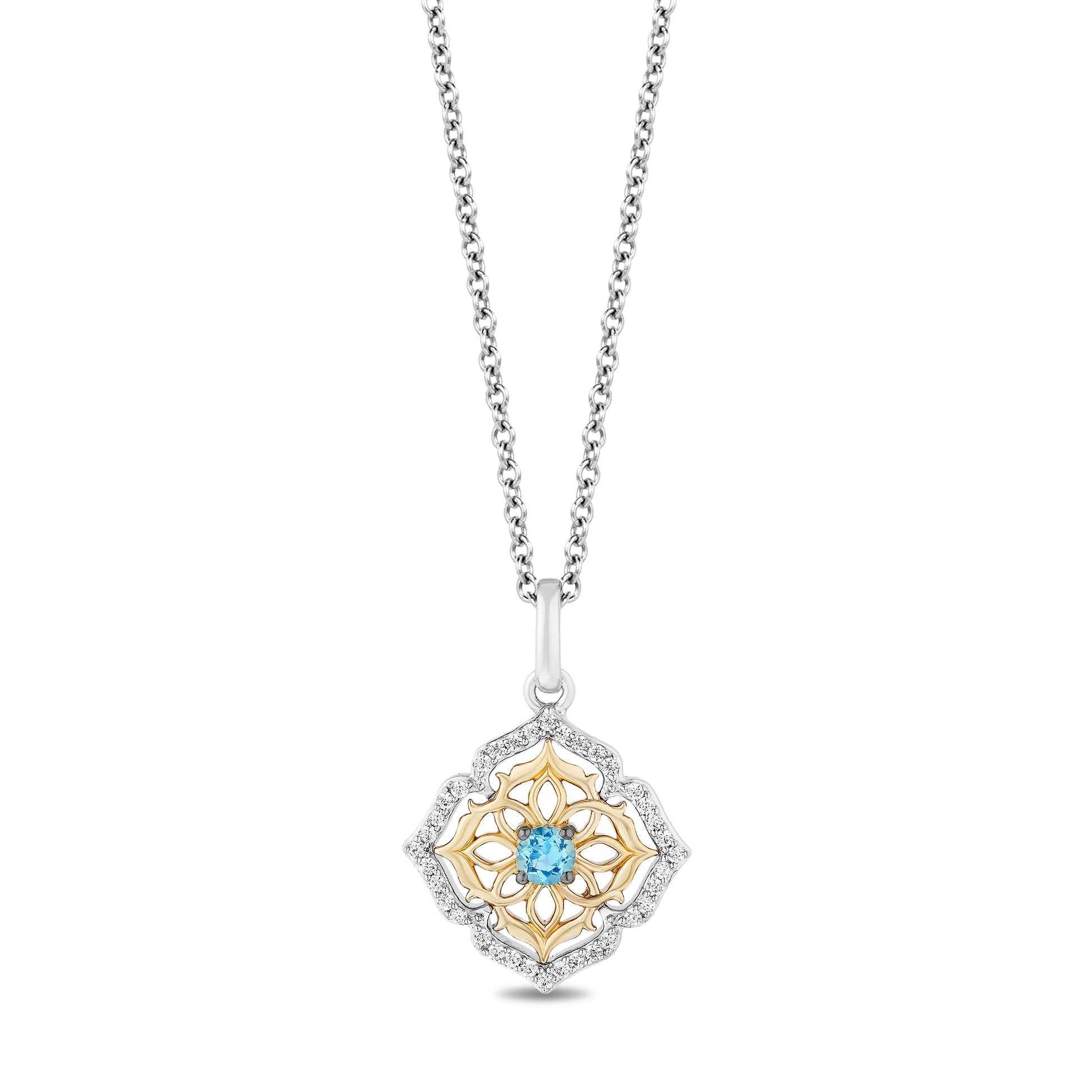 Disney Jasmine Inspired Diamond & Swiss Blue Topaz Necklace Pendant in Sterling Silver and 10K Yellow Gold 1/7 CTTW View 1