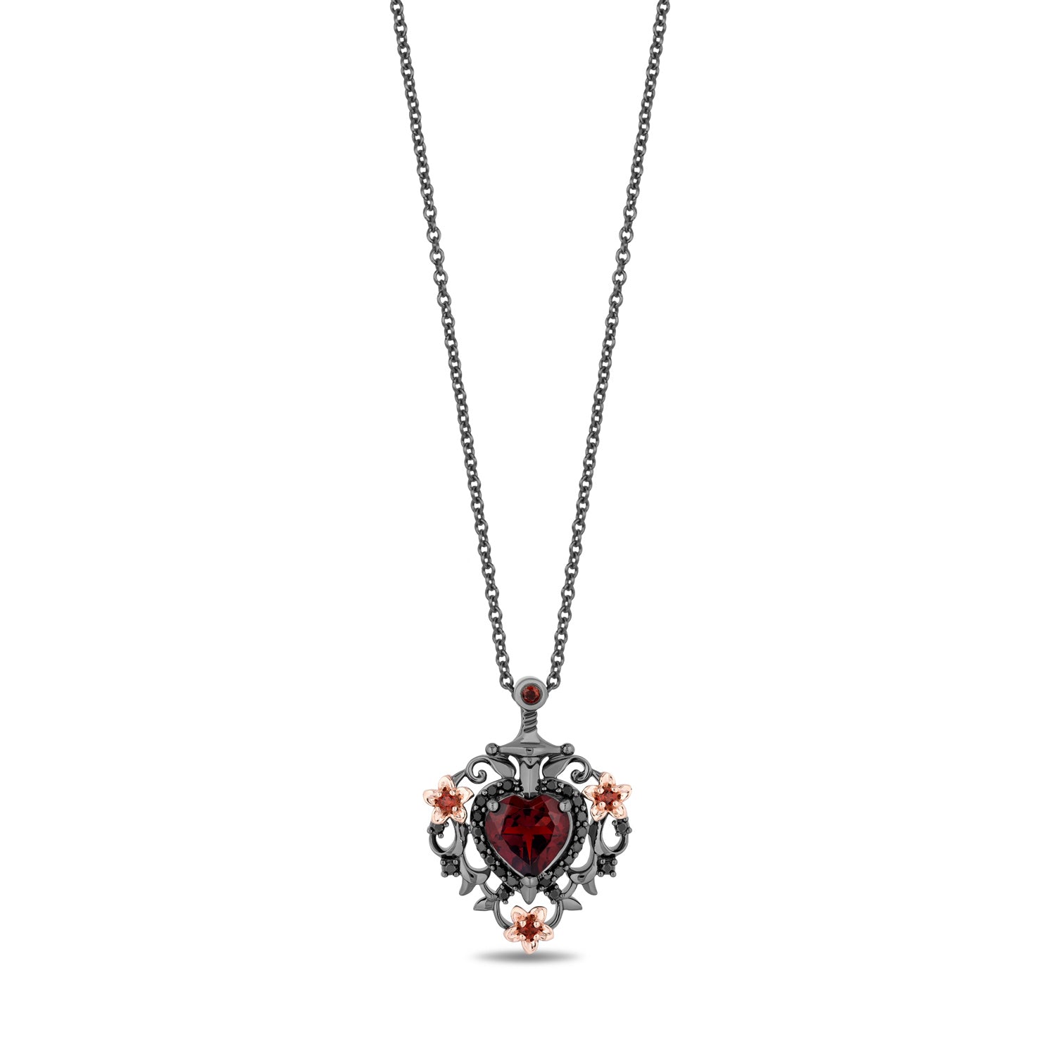 Disney Villain Evil Queen Inspired Diamond and Red Garnet Necklace Pendant in Black Rhodium Over Sterling Silver and 10K Rose Gold 1/5 CTTW View 1
