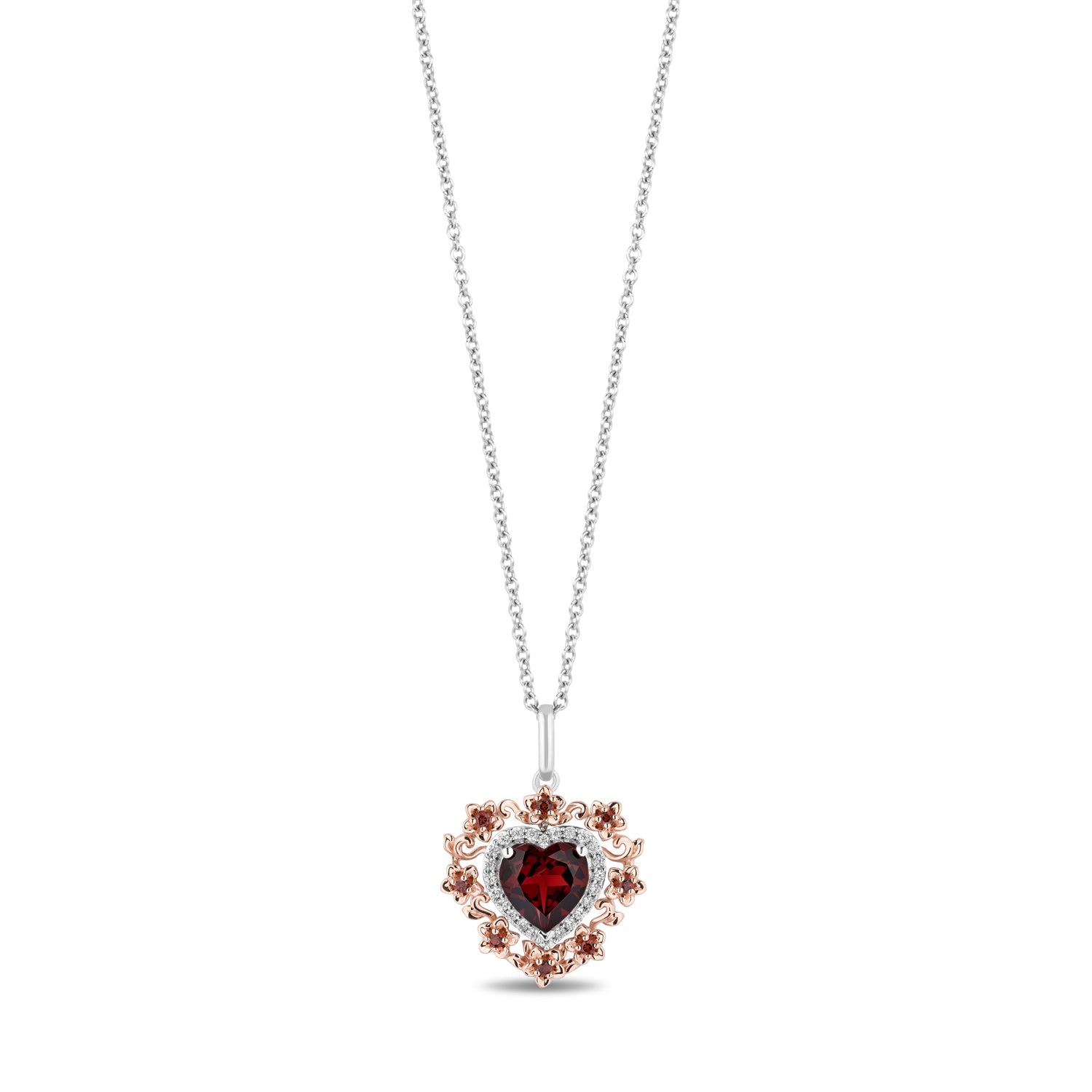 Disney Snow White Inspired Diamond and Red Garnet Necklace Pendant in 14K Rose Gold over Sterling Silver 1/10 CTTW View 1