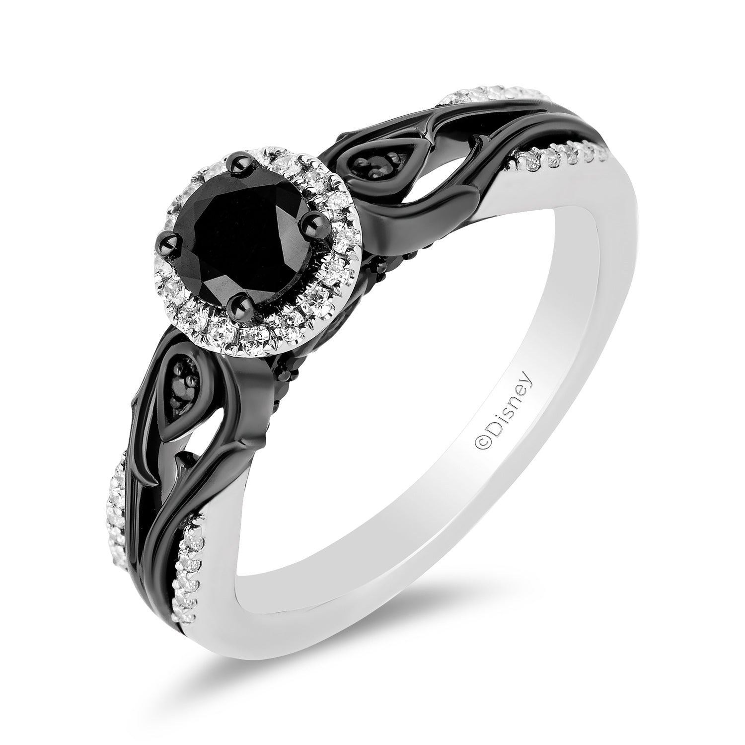 Enchanted Disney Fine Jewelry 14K White Gold with Black Rhodium Maleficent Halo Engagement Ring with 1/2 CT Black Diamond Center and 3/4 CTTW Diamonds