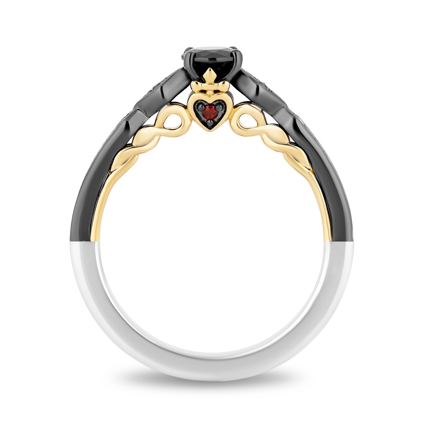 Enchanted Disney Fine Jewelry 14K White Gold and Yellow Gold with Black Rhodium Evil Queen Black Diamond Engagement Ring with 5/8 CTTW Diamonds and Garnet Peek-a-boo Surprise