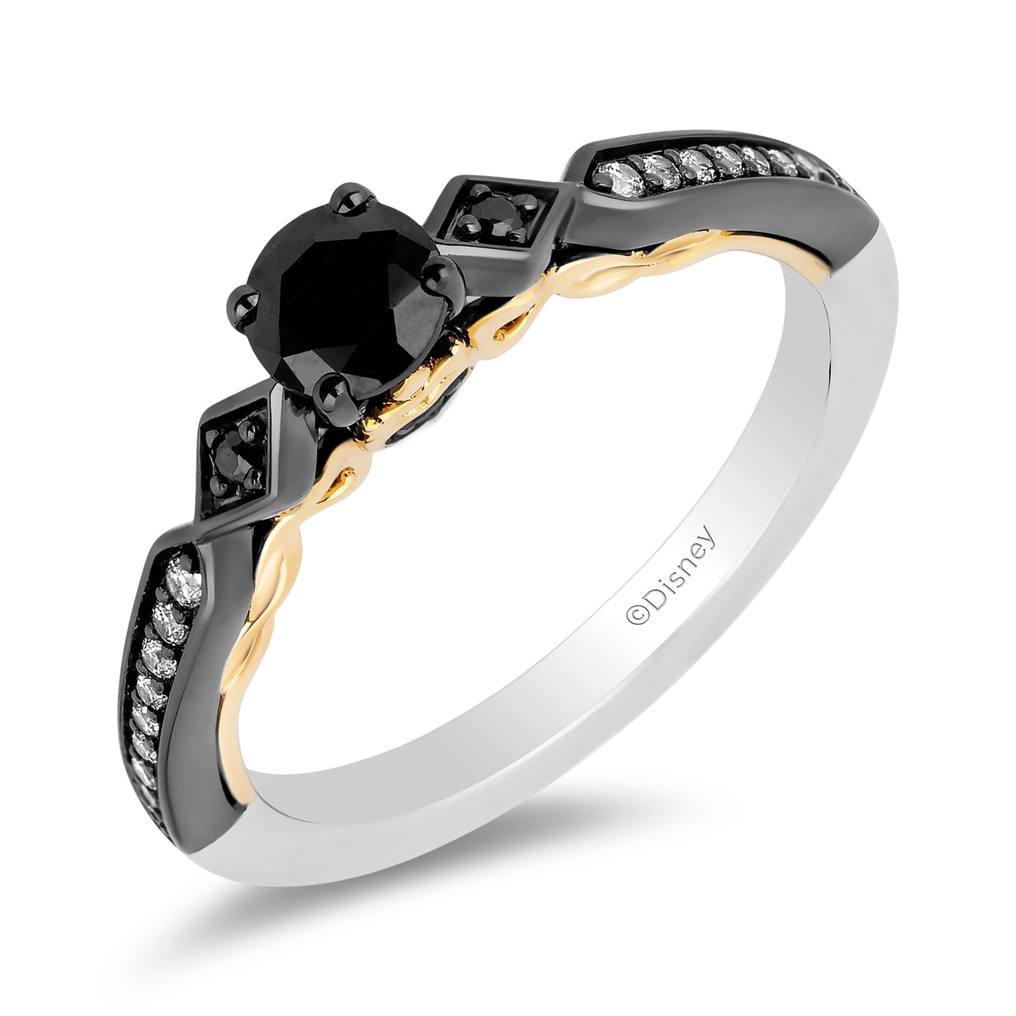 Enchanted Disney Fine Jewelry 14K White Gold and Yellow Gold with Black Rhodium Evil Queen Black Diamond Engagement Ring with 5/8 CTTW Diamonds and Garnet Peek-a-boo Surprise