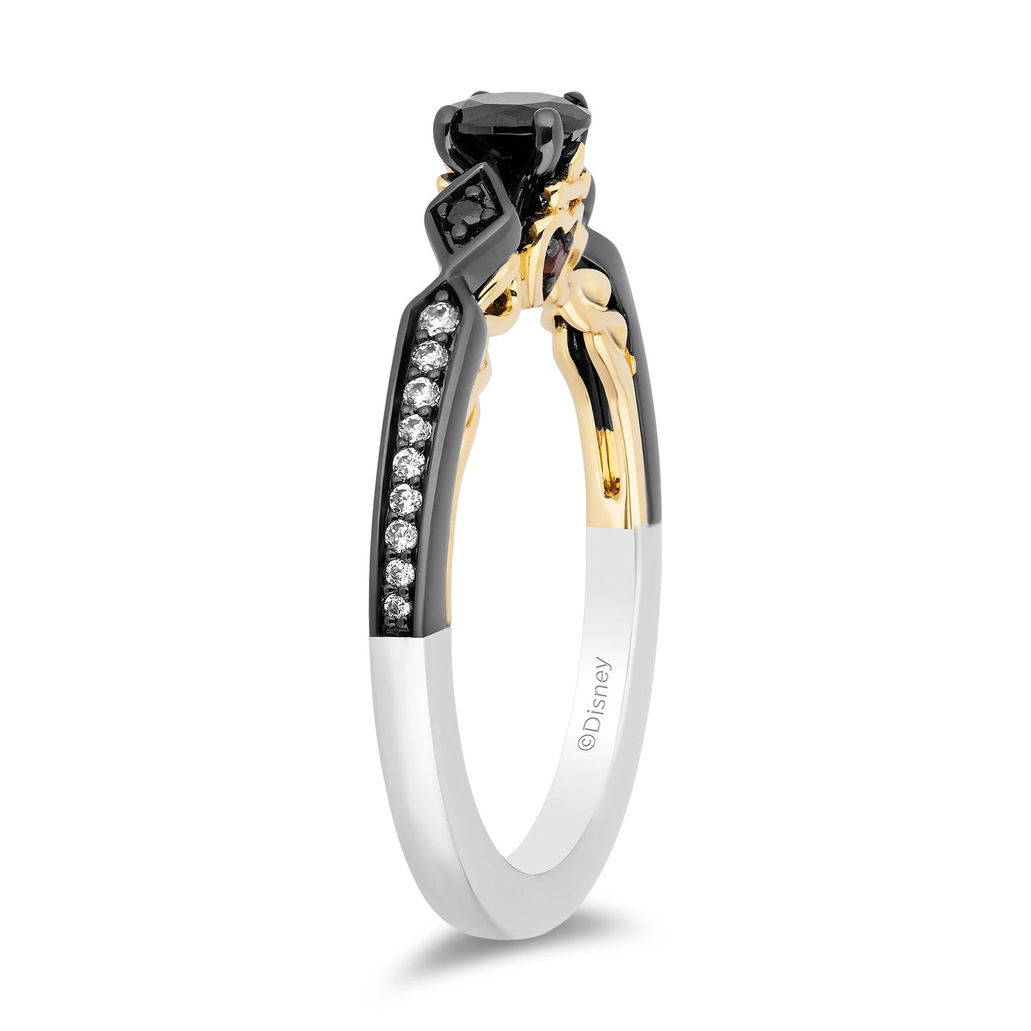 Enchanted Disney Fine Jewelry 14K White Gold and Yellow Gold with Black Rhodium Evil Queen Black Diamond Engagement Ring with 5/8 CTTW Diamonds and Garnet Peek-a-boo Surprise