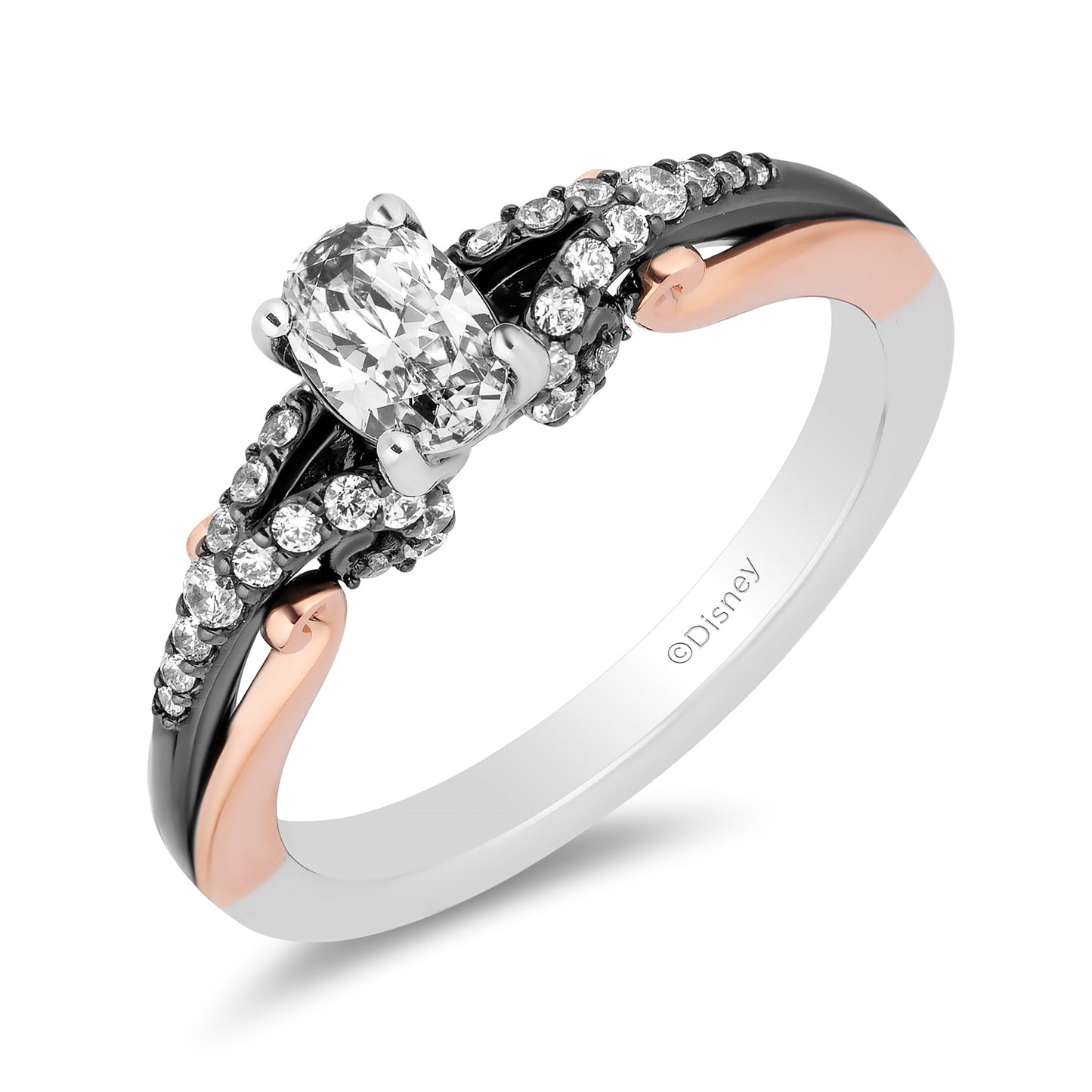 Disney Villain Ursula Inspired Diamond Engagement Ring in 14K White Gold and Rose Gold with Black Rhodium 1/2 CTTW Oval Center and 3/4 CTTW View 1