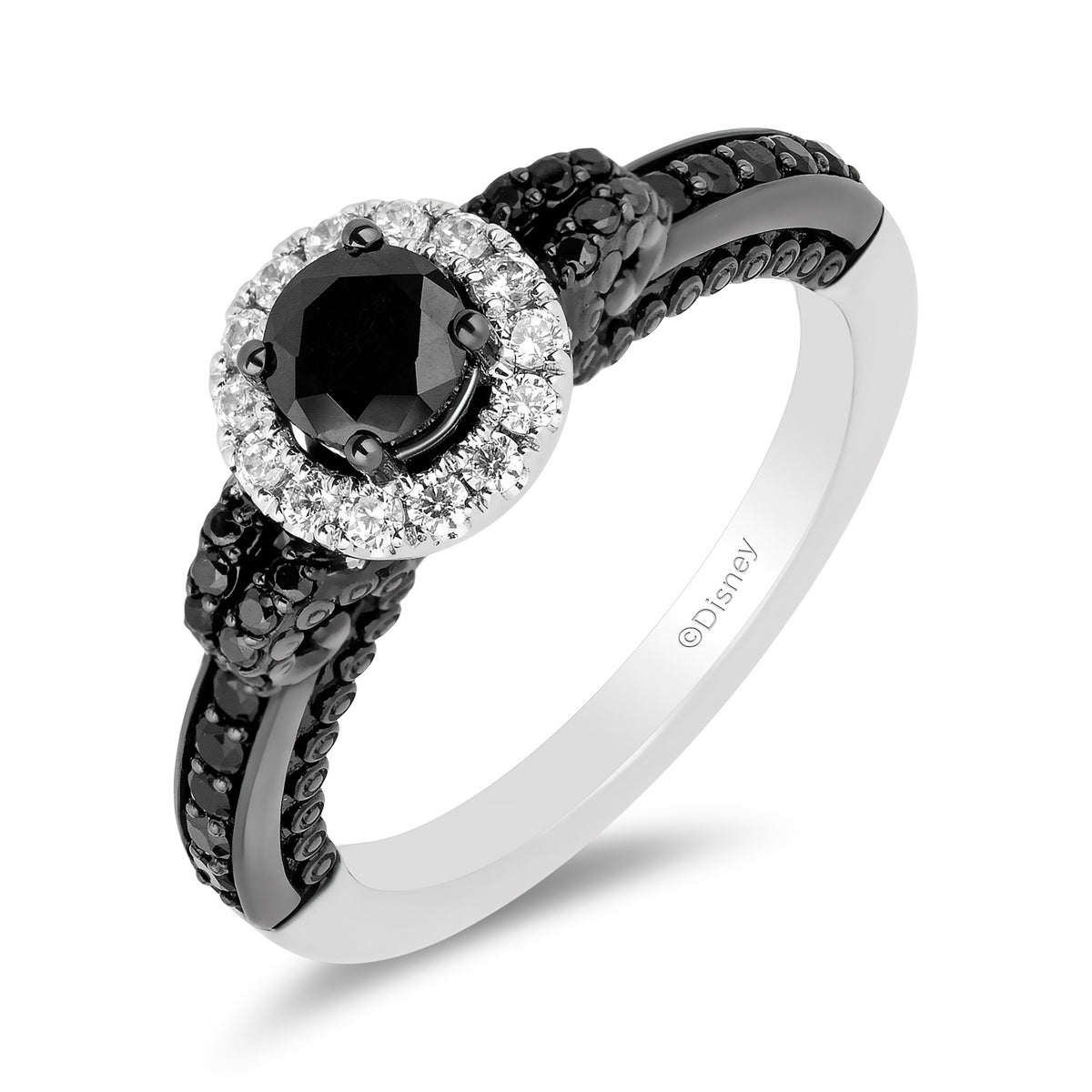 Enchanted Disney Fine Jewelry 14K White Gold with Black Rhodium Ursula Halo Engagement Ring with CTTW Diamonds and Peek-a-boo Black Pearl