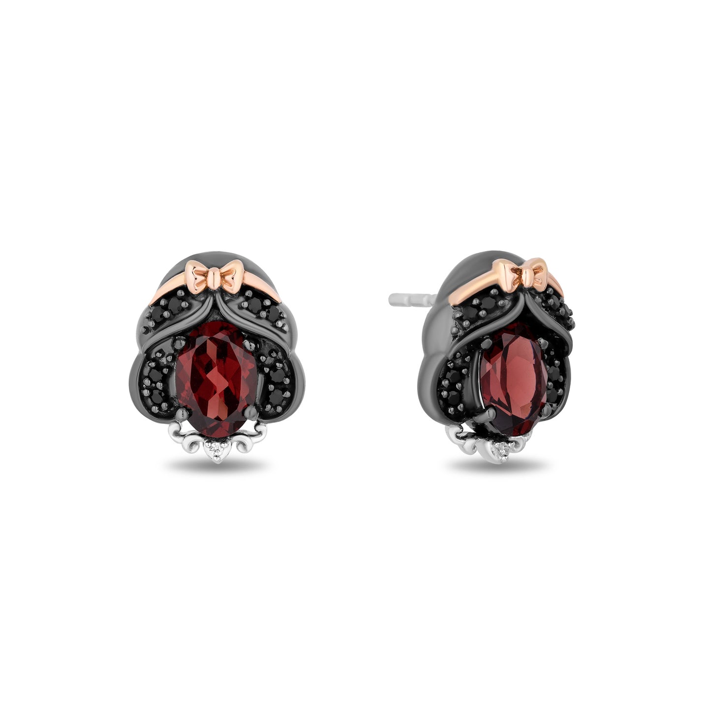 Disney Snow White Inspired White Diamond and Black Diamond with Red Garnet Stud Earrings in Black Rhodium Over Sterling Silver and 10K Rose Gold 1/7 CTTW View 1