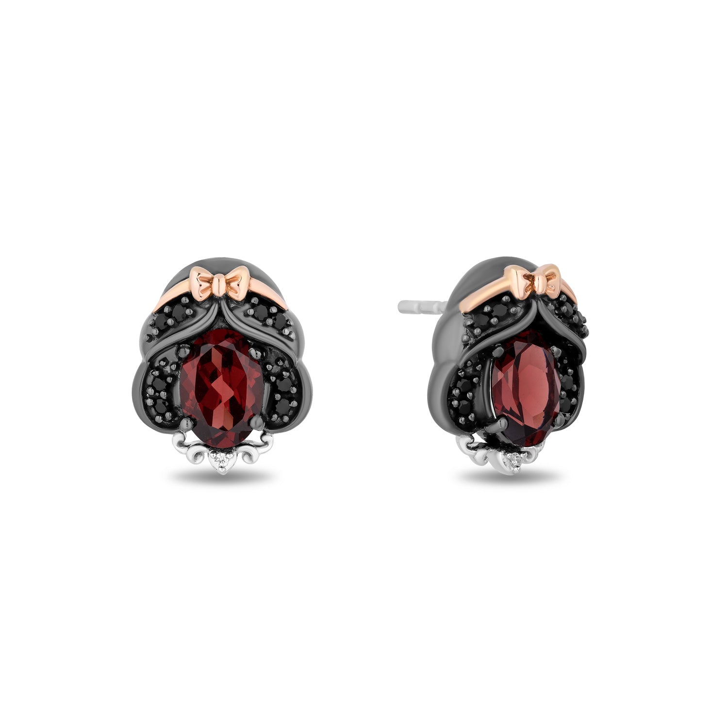 Disney Snow White Inspired White Diamond and Black Diamond with Red Garnet Stud Earrings in Black Rhodium Over Sterling Silver and 10K Rose Gold 1/7 CTTW View 1
