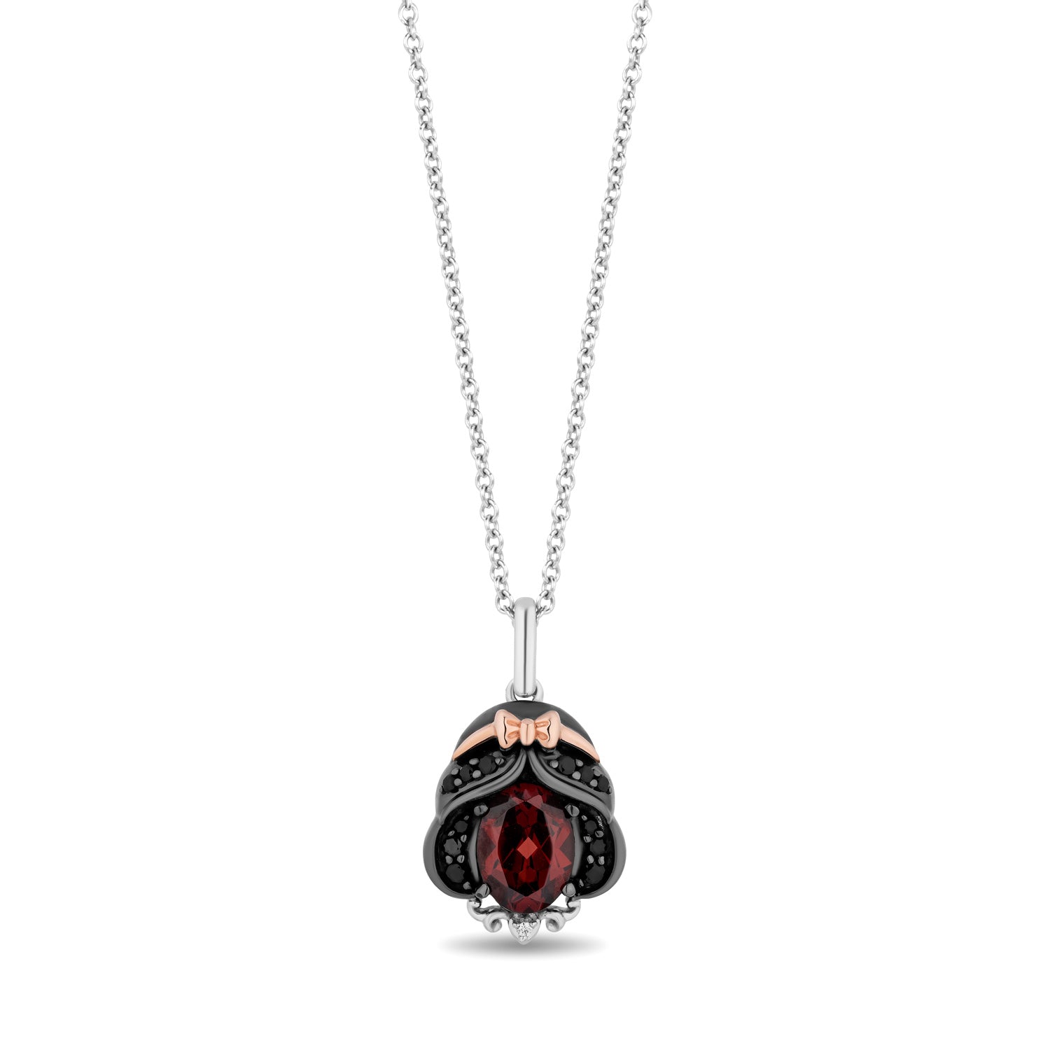 Disney Snow White Inspired White Diamond and Black Diamond with Red Garnet Necklace Pendant in Black Rhodium Over Sterling Silver and 10K Rose Gold 1/7 CTTW View 1