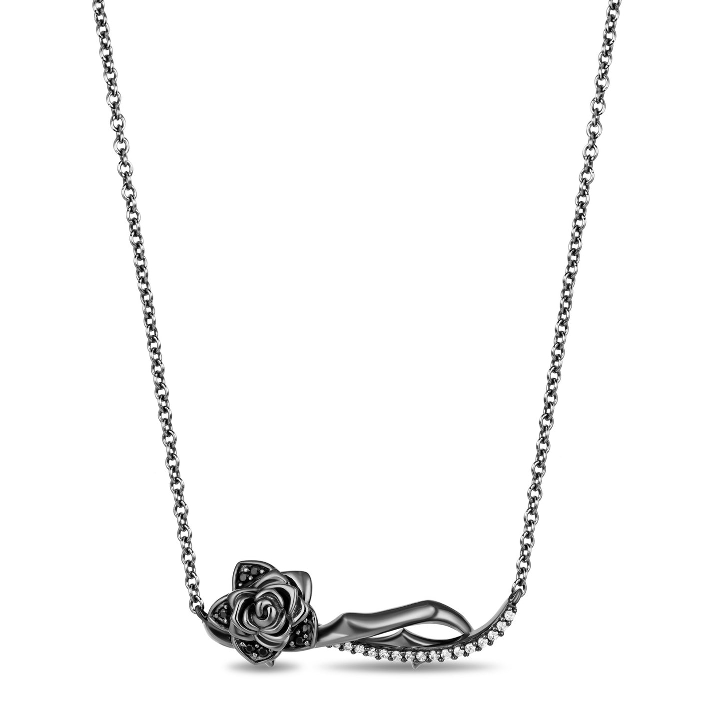Enchanted Disney Fine Jewelry Black Rhodium Over Sterling Silver with 1/8 CTTW Black and White Diamond Maleficent Rose Pendant Necklace