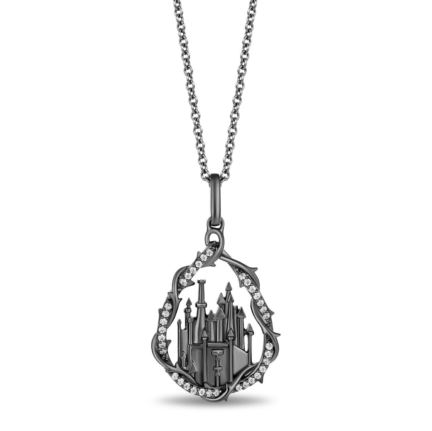 Enchanted Disney Fine Jewelry Black Rhodium Over Sterling Silver with 1/10 CTTW White Diamond Maleficent Castle Pendant Necklace