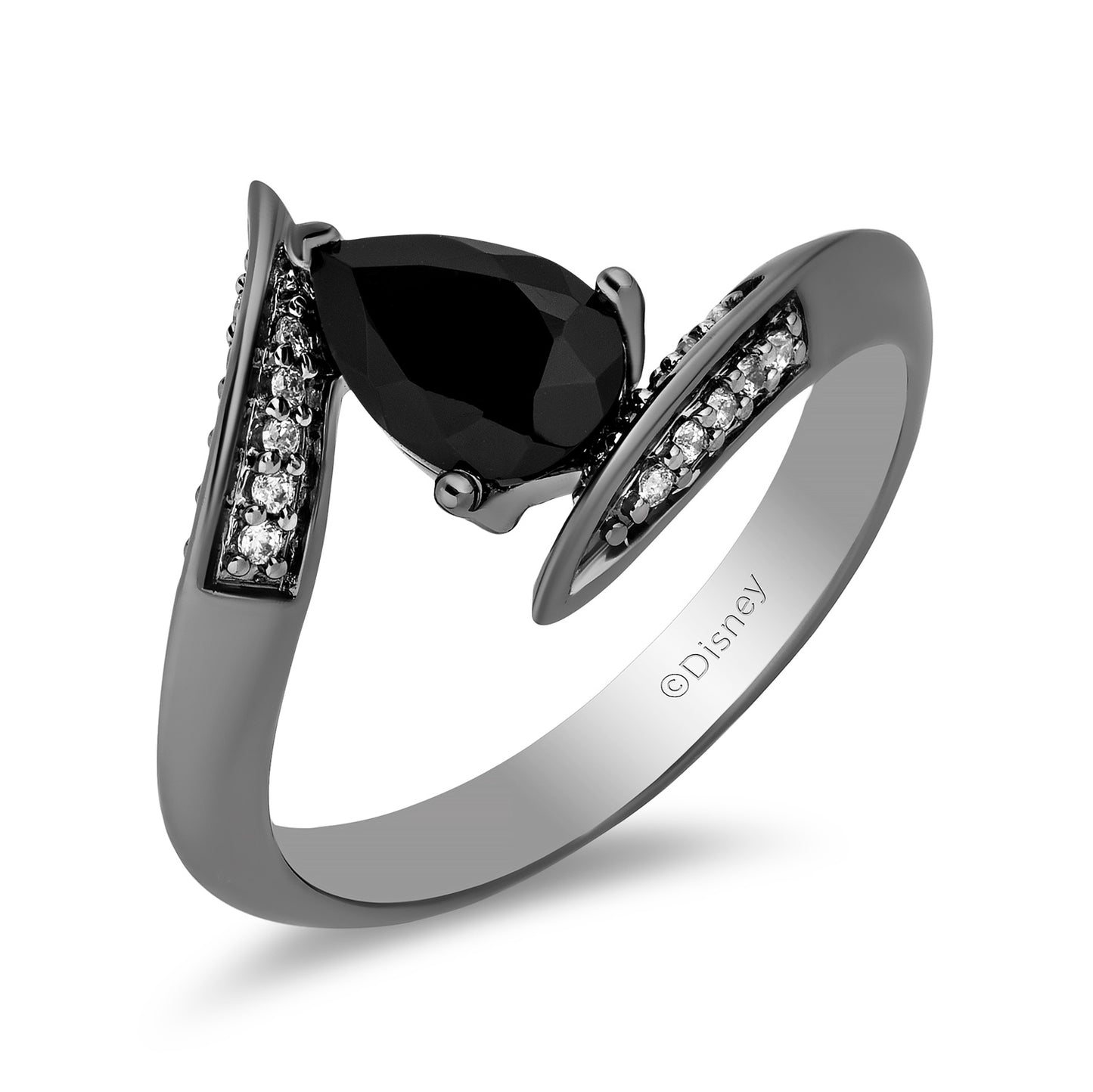 Enchanted Disney Fine Jewelry Black Rhodium Over Sterling Silver with 1/10 CTTW Diamond and Black Onyx Maleficent Ring