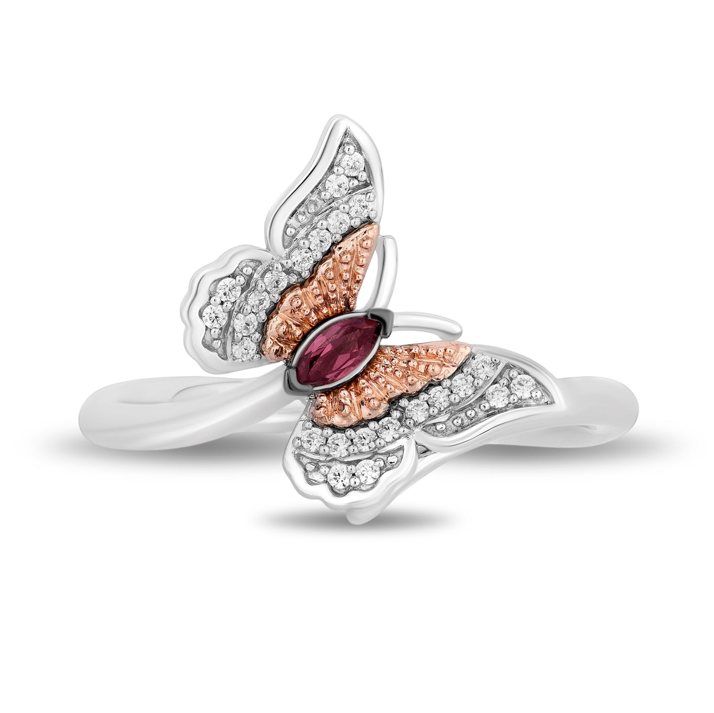 Enchanted Disney Fine Jewelry Sterling Silver and 10K Rose Gold 1/10 CTTW Diamond and Rhodolite Garnet Mulan Butterfly Ring