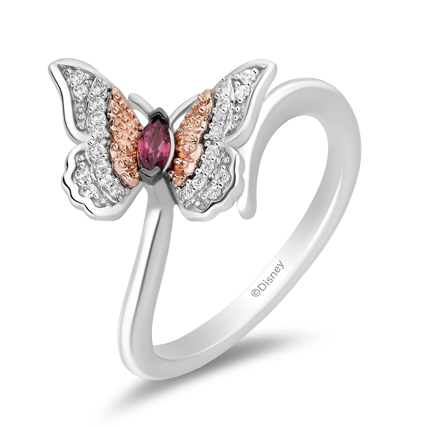 Enchanted Disney Fine Jewelry Sterling Silver and 10K Rose Gold 1/10 CTTW Diamond and Rhodolite Garnet Mulan Butterfly Ring