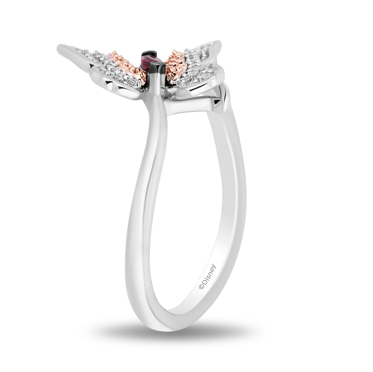 Enchanted Disney Fine Jewelry Sterling Silver and 10K Rose Gold 1/10 CTTW Diamond and Rhodolite Garnet Mulan Butterfly Ring