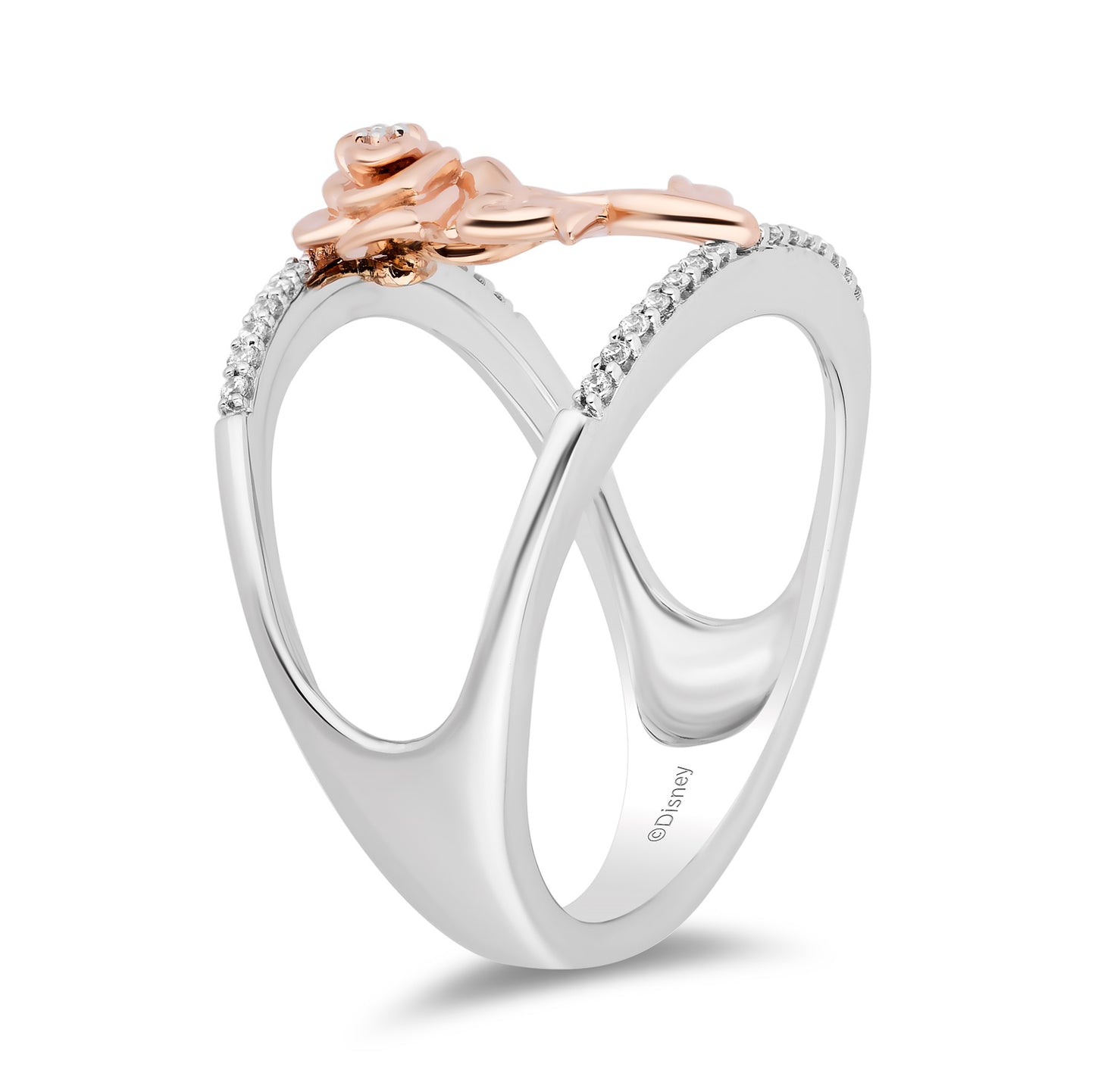 Enchanted Disney Fine Jewelry Sterling Silver and 10K Rose Gold 1/10 CTTW Diamond Belle Rose Wide Ring