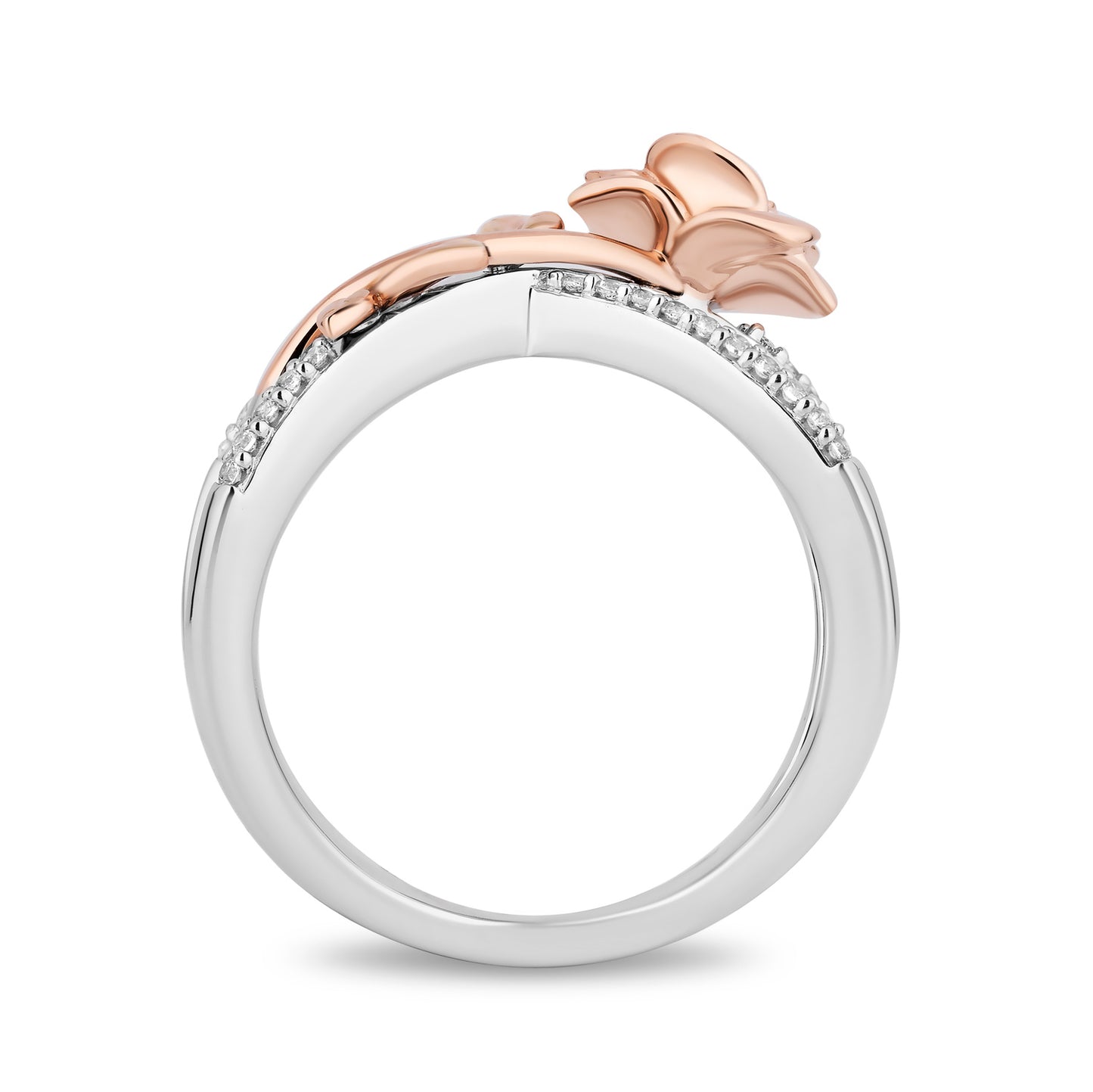 Enchanted Disney Fine Jewelry Sterling Silver and 10K Rose Gold 1/7 CTTW Diamond Belle Rose Cross Ring