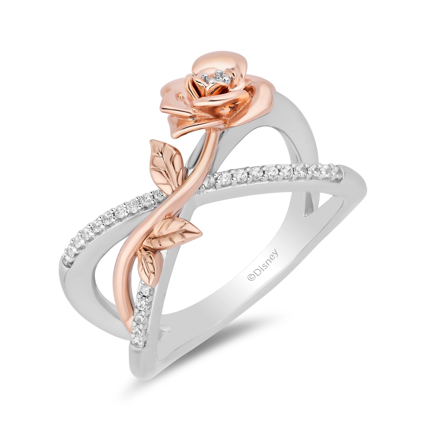 Enchanted Disney Fine Jewelry Sterling Silver and 10K Rose Gold 1/7 CTTW Diamond Belle Rose Cross Ring