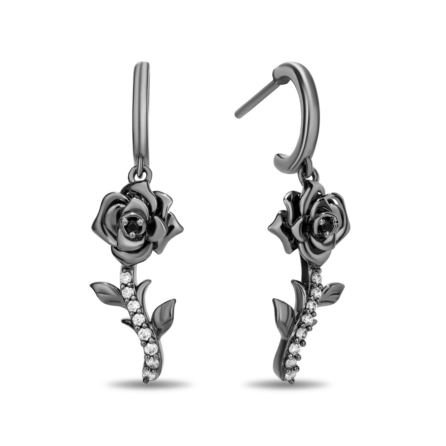 Enchanted Disney Fine Jewelry Black Rhodium Over Sterling Silver with 1/8 CTTW Black and White Diamond Maleficent Rose Earrings