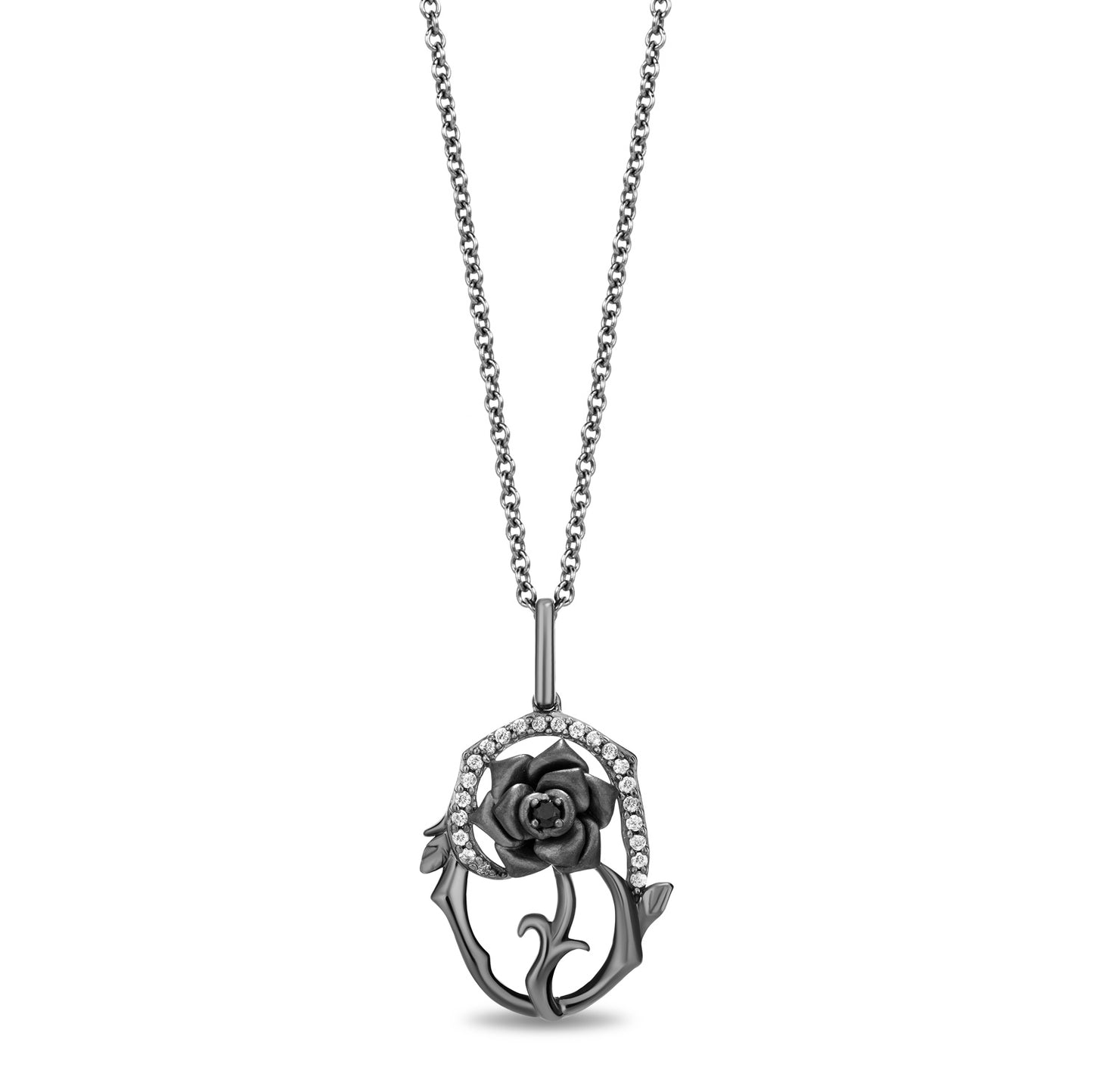 Enchanted Disney Fine Jewelry Black Rhodium Over Sterling Silver with 1/8 CTTW Black and White Diamond Maleficent Rose Pendant Necklace