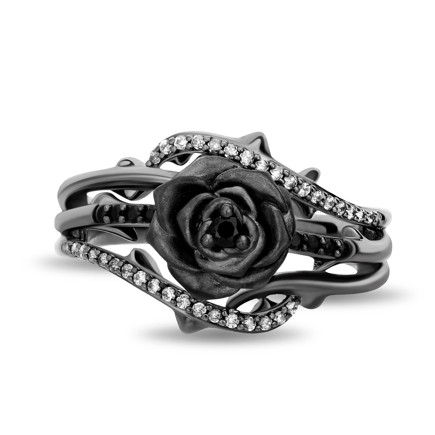 Enchanted Disney Fine Jewelry Black Rhodium Over Sterling Silver with 1/5 CTTW Black and White Diamond with Black Onyx Maleficent Ring