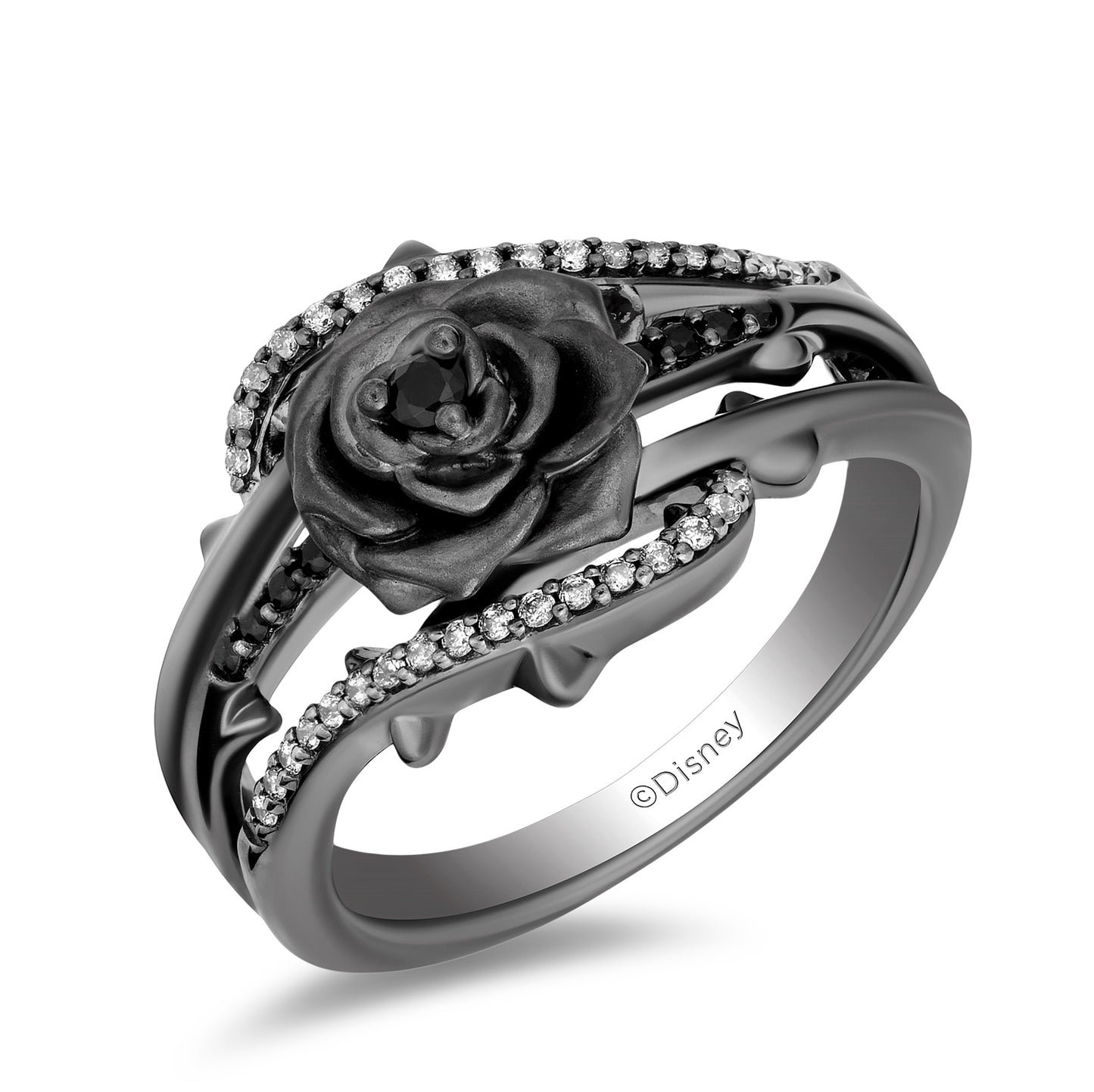 Enchanted Disney Fine Jewelry Black Rhodium Over Sterling Silver with 1/5 CTTW Black and White Diamond with Black Onyx Maleficent Ring