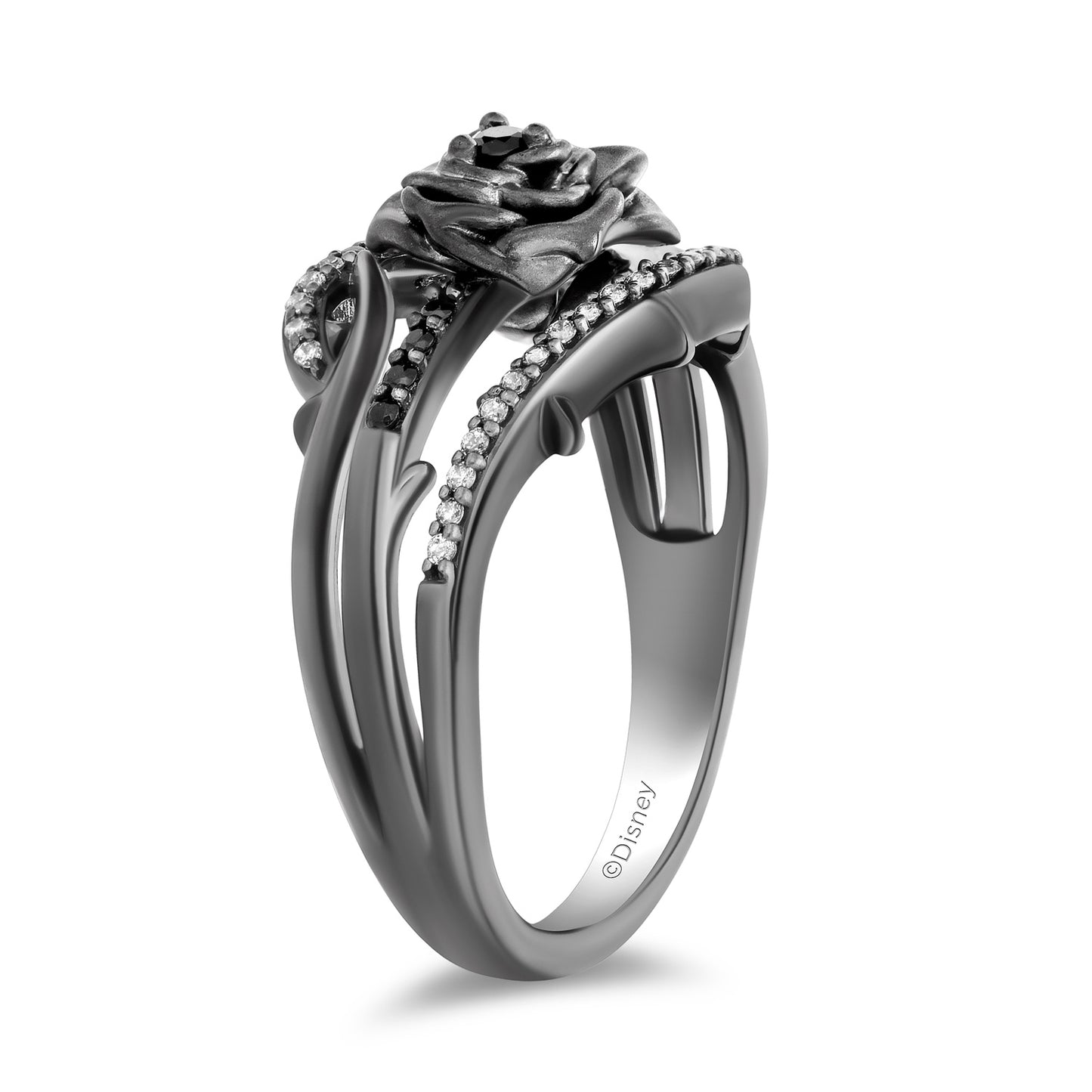 Enchanted Disney Fine Jewelry Black Rhodium Over Sterling Silver with 1/5 CTTW Black and White Diamond with Black Onyx Maleficent Ring