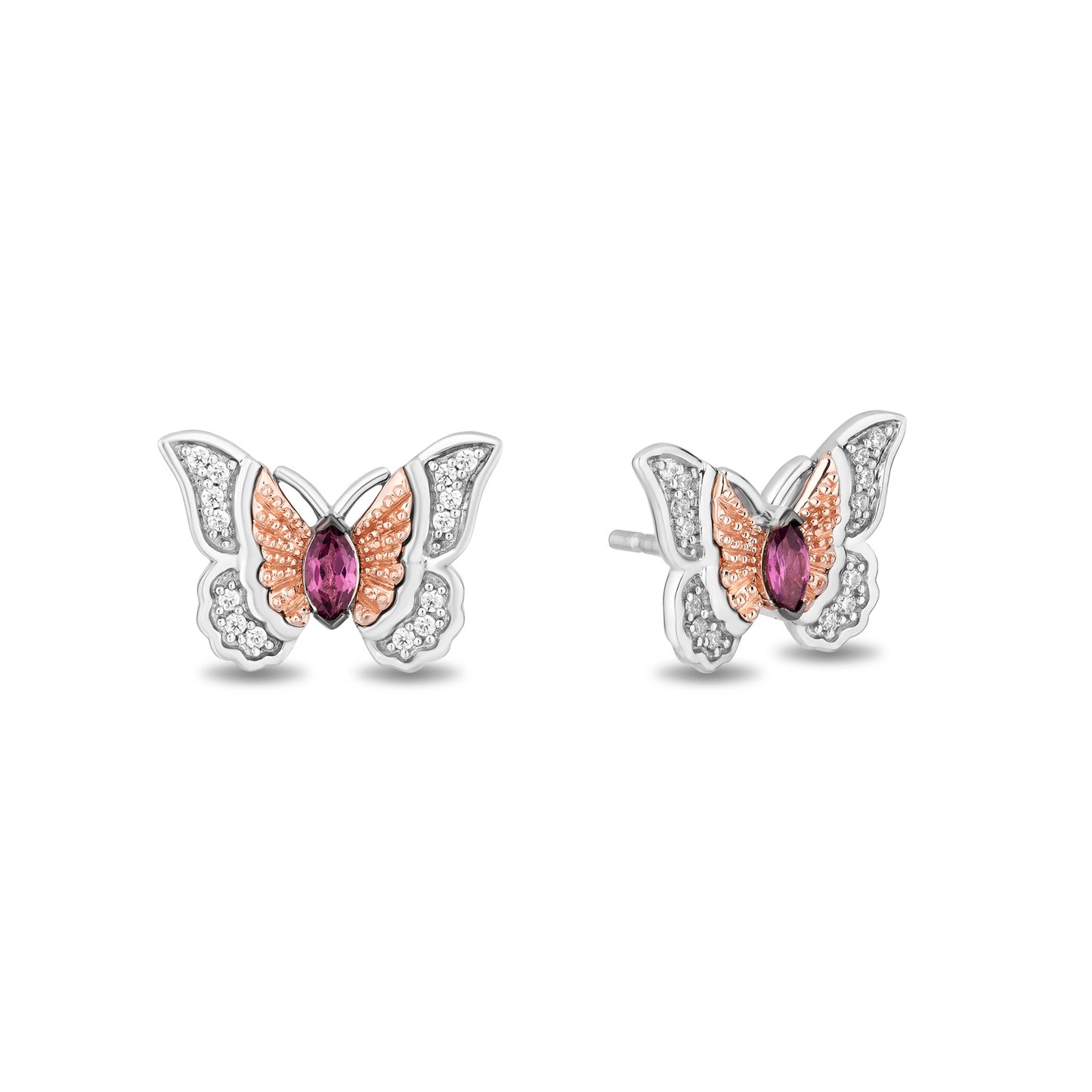 Enchanted Disney Fine Jewelry 14K Rose Gold over Sterling Silver with 1/10 CTTW Diamond and Rhodolite Garnet, Disney's Mulan Butterfly Earrings
