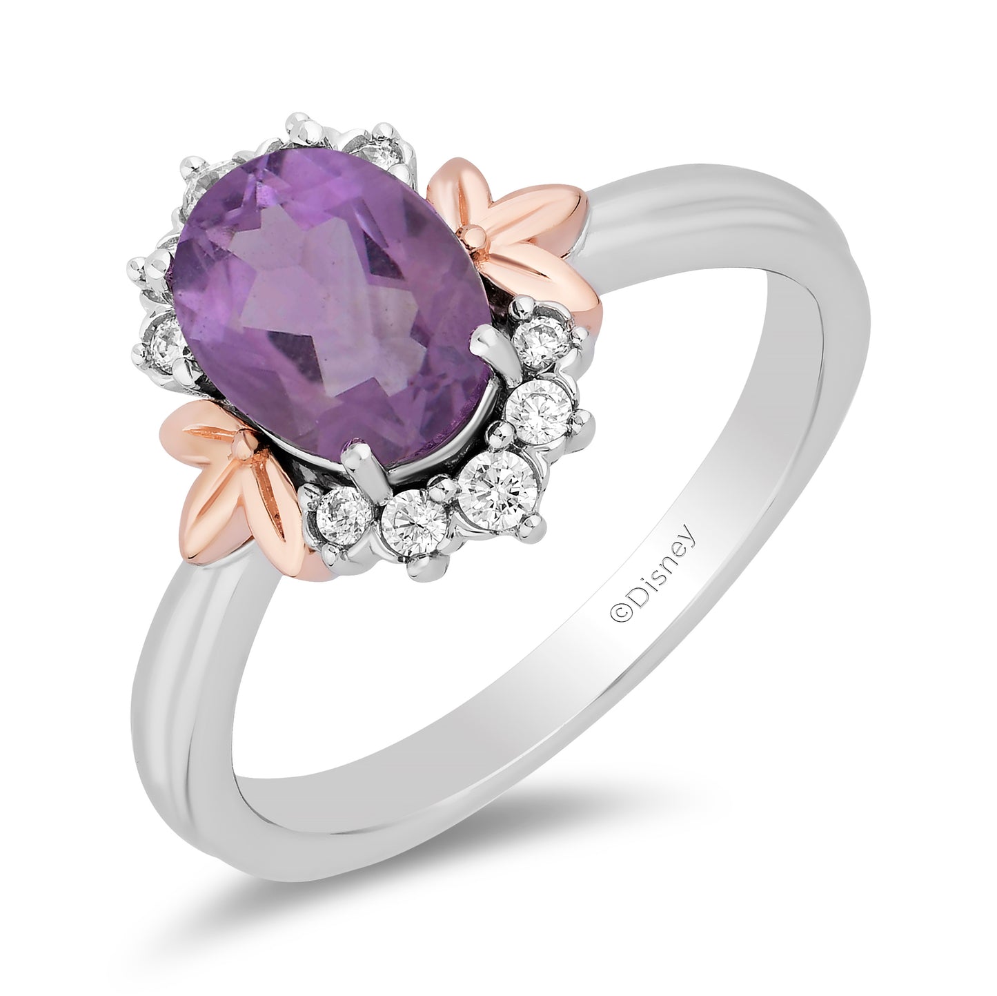 Enchanted Disney Fine Jewelry Sterling Silver and 10K Rose Gold 1/6 CTTW Diamond and Rose De France Rapunzel Ring