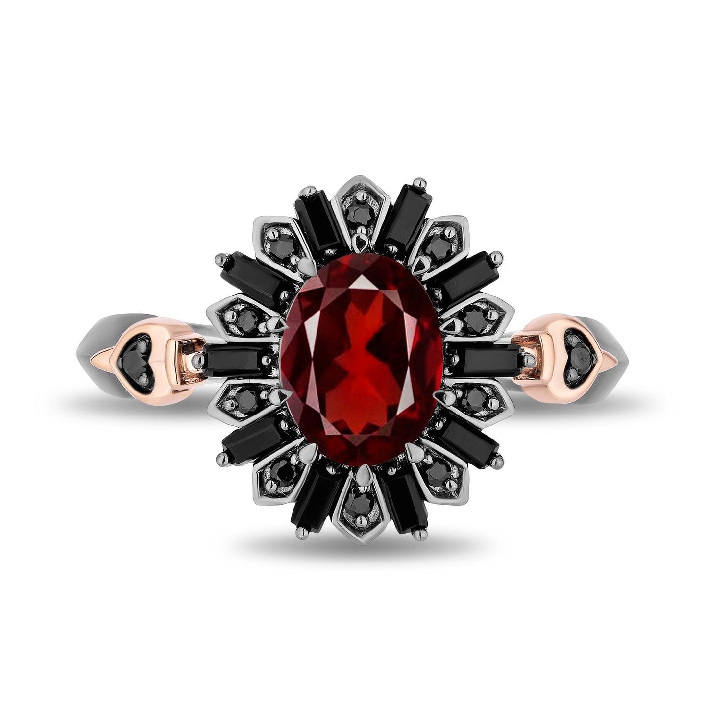 Enchanted Disney Fine Jewelry Black Rhodium Over Sterling Silver and 10K Rose Gold 1/10 CTTW Black Diamond with Black Onyx and Red Garnet Evil Queen Throne Ring