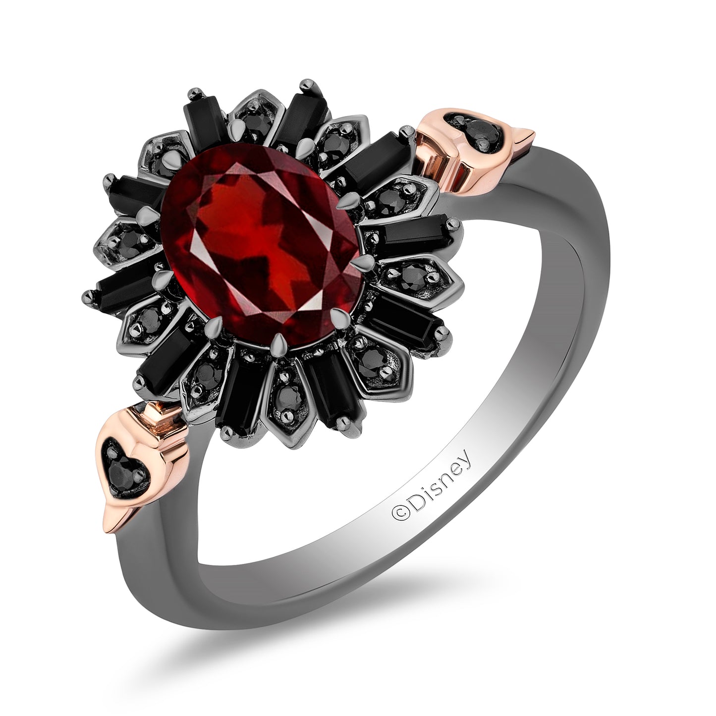 Enchanted Disney Fine Jewelry Black Rhodium Over Sterling Silver and 10K Rose Gold 1/10 CTTW Black Diamond with Black Onyx and Red Garnet Evil Queen Throne Ring