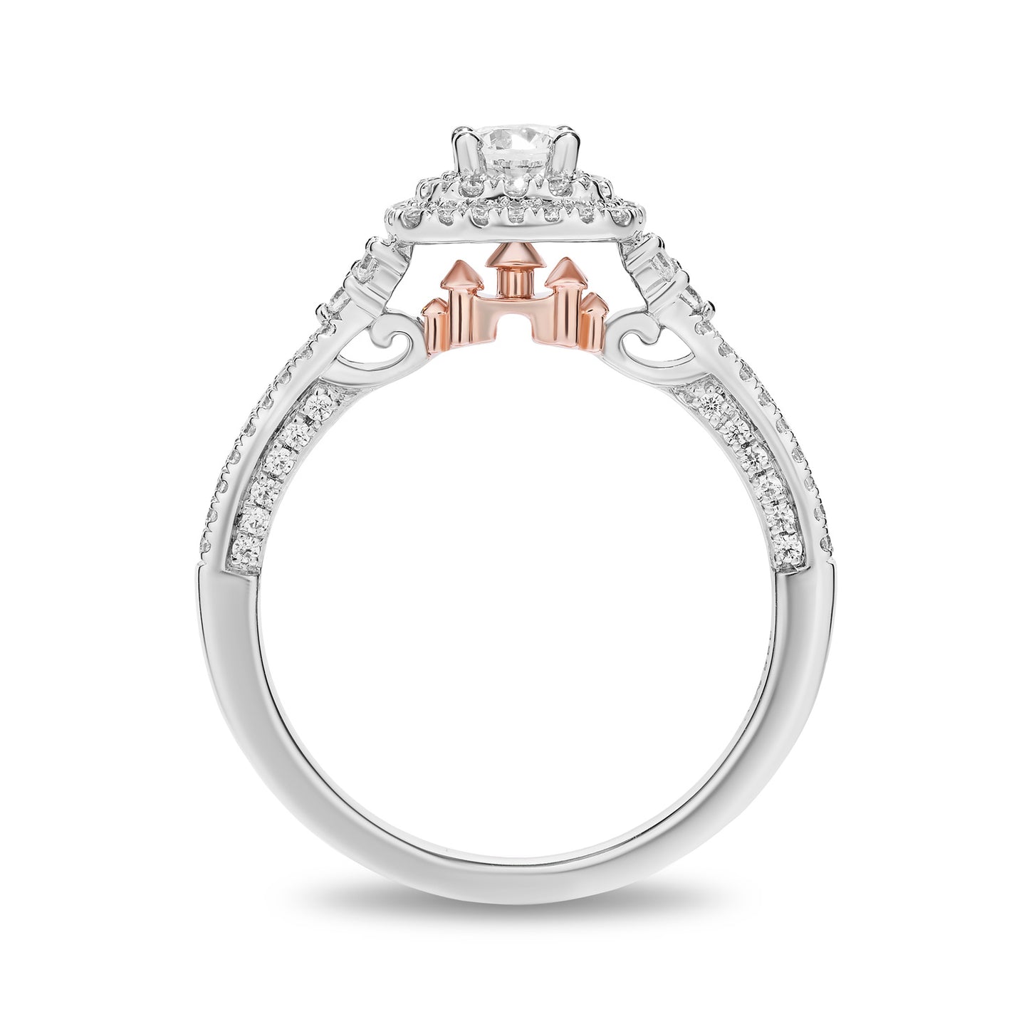 Enchanted Disney Fine Jewelry 14K White Gold and Rose Gold with 3/4 CTTW Diamond Castle Majestic Princess Engagement Ring