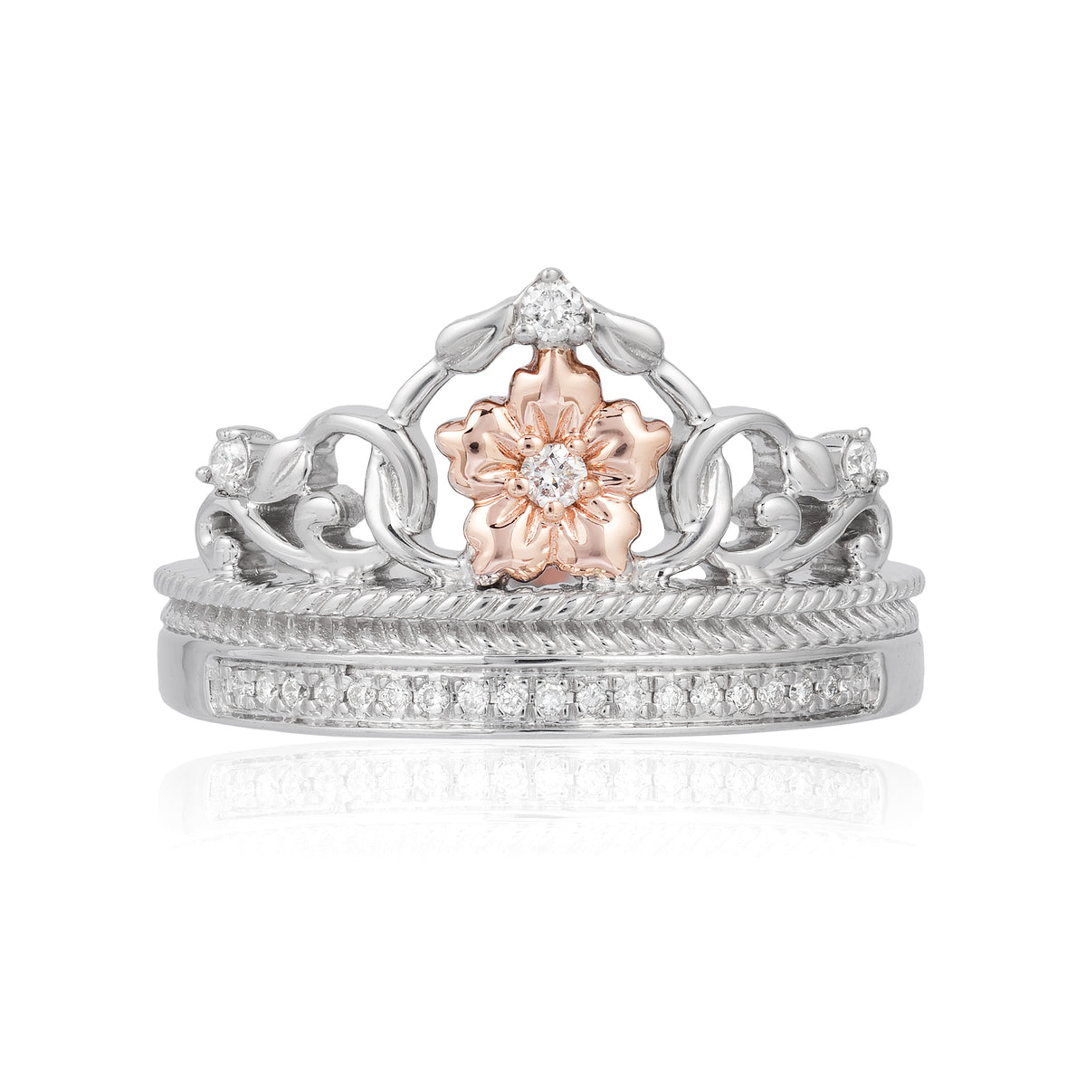 Enchanted Disney Fine Jewelry Sterling Silver and 10K Rose Gold 1 10 CTTW Rapunzel Tiara Ring