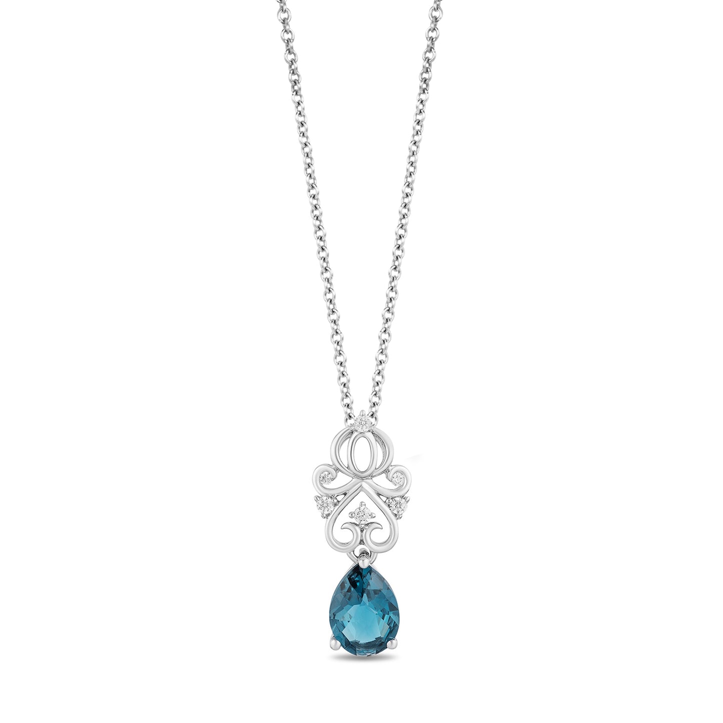 Enchanted Disney Fine Jewelry Sterling Silver 1/20 CTTW and London Blue Topaz Cinderella Carriage Pendant Necklace