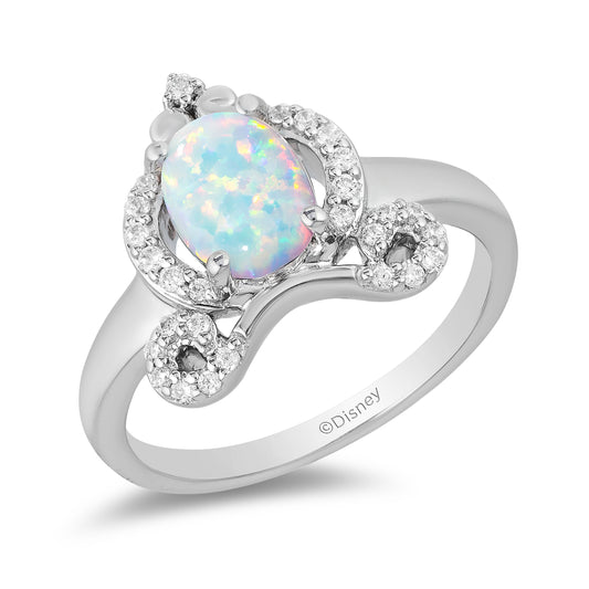 Enchanted Disney Fine Jewelry Sterling Silver 1/6 CTTW Diamond with Created Opal Cinderella Carriage Ring