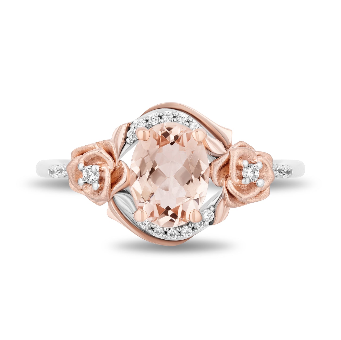 Enchanted Disney Fine Jewelry Sterling Silver and 10K Rose Gold with 1/10 CTTW Diamond and Morganite Aurora Flower Ring