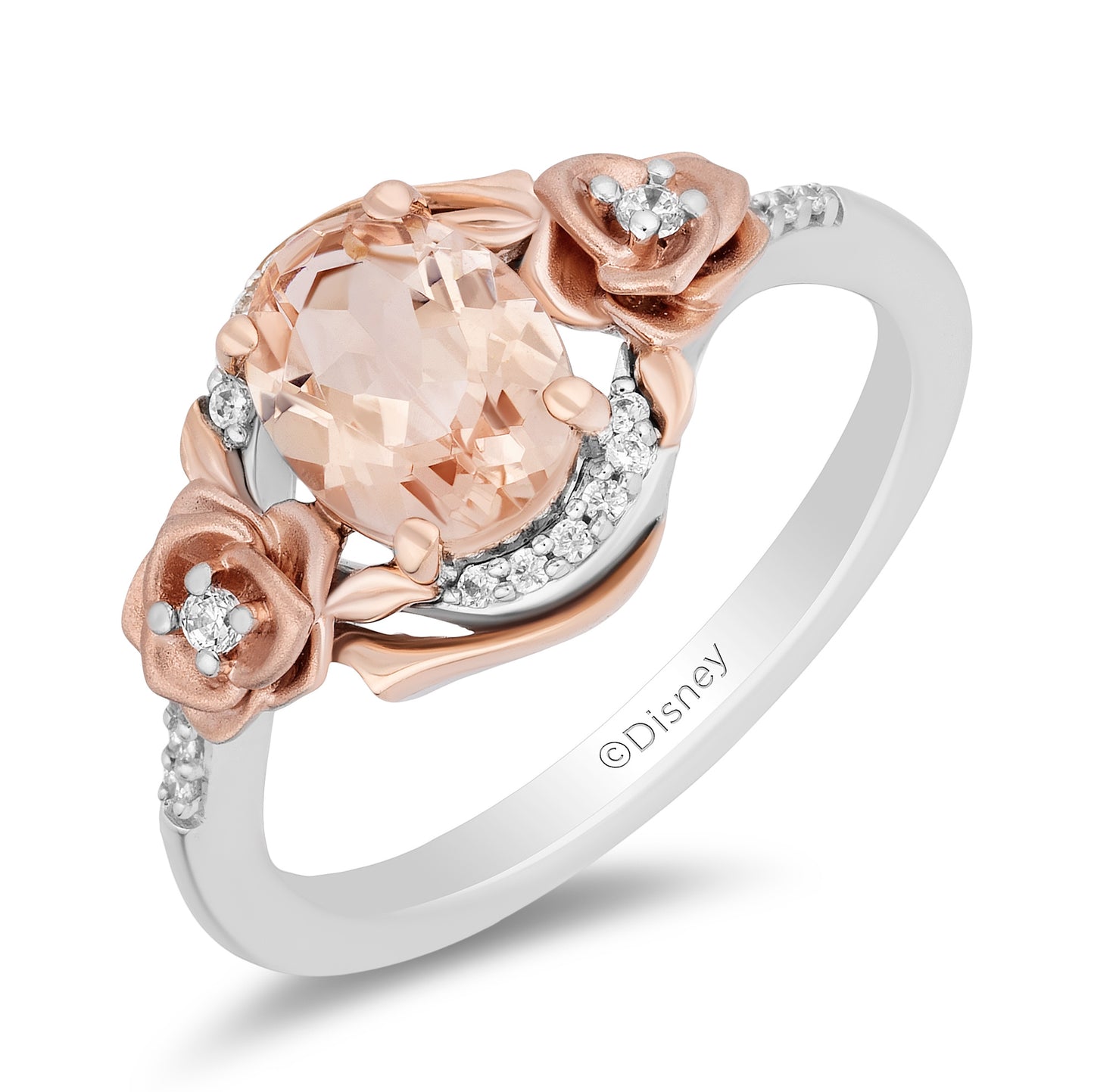 Enchanted Disney Fine Jewelry Sterling Silver and 10K Rose Gold with 1/10 CTTW Diamond and Morganite Aurora Flower Ring