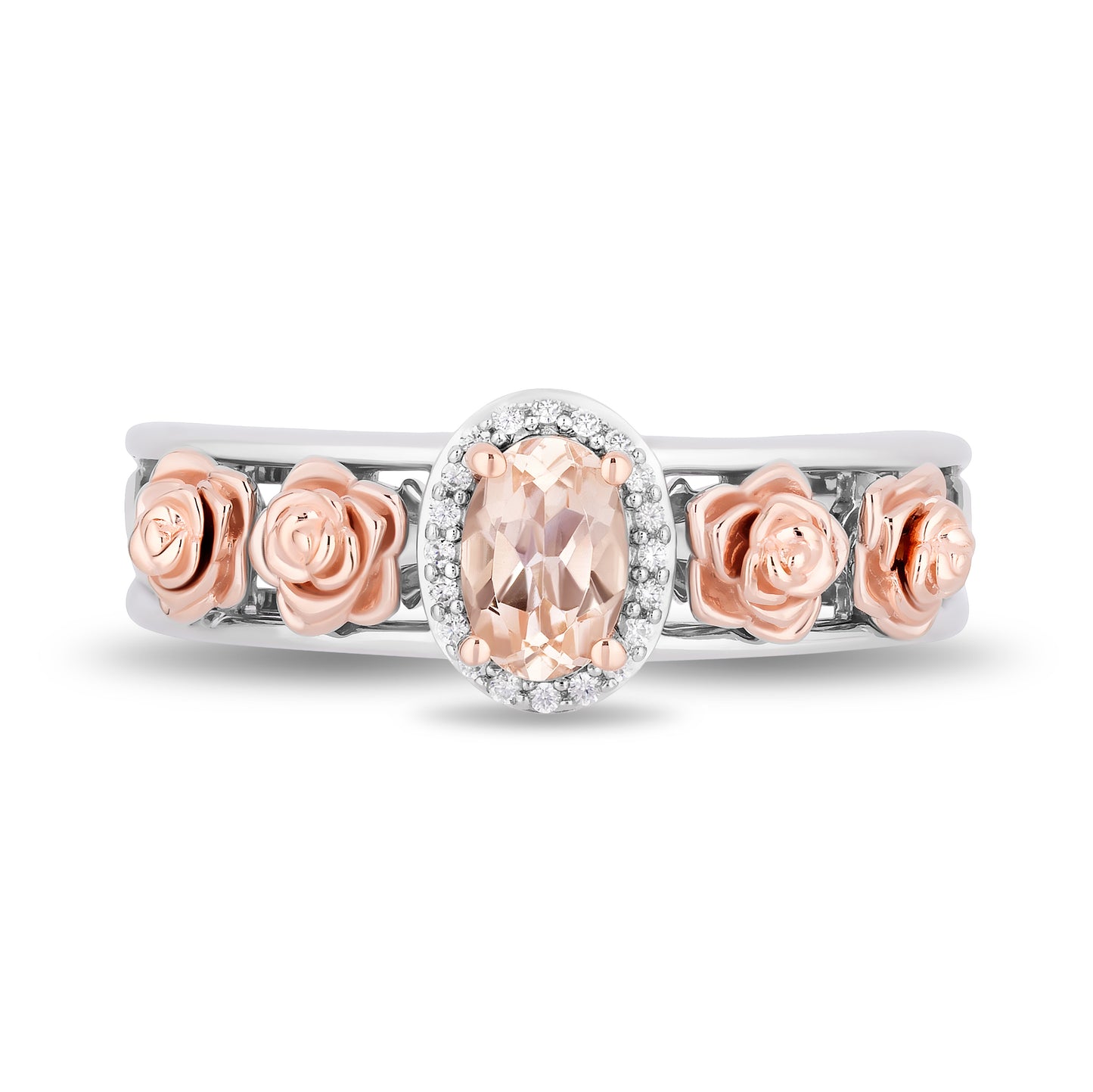 Enchanted Disney Fine Jewelry Sterling Silver and 10K Rose Gold with 1/20 CTTW Diamond and Morganite Aurora Halo Filigree Ring