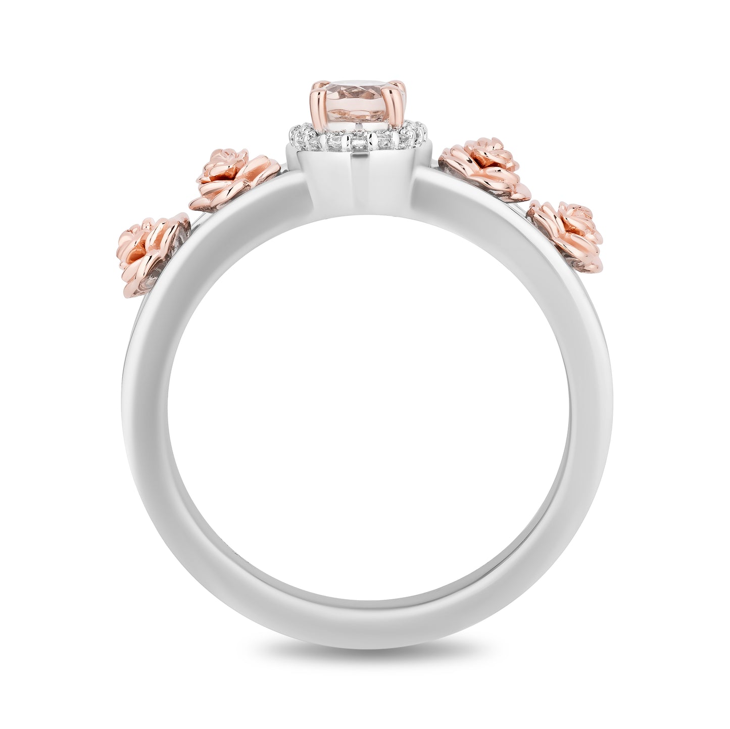 Enchanted Disney Fine Jewelry Sterling Silver and 10K Rose Gold with 1/20 CTTW Diamond and Morganite Aurora Halo Filigree Ring