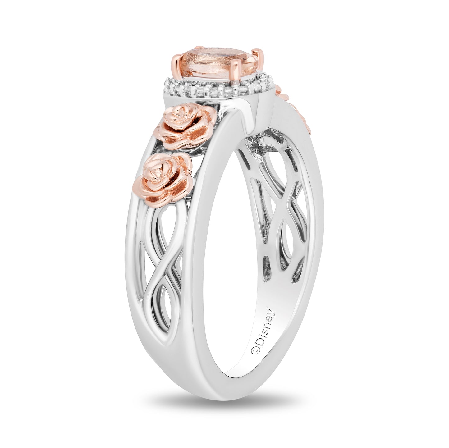 Enchanted Disney Fine Jewelry Sterling Silver and 10K Rose Gold with 1/20 CTTW Diamond and Morganite Aurora Halo Filigree Ring