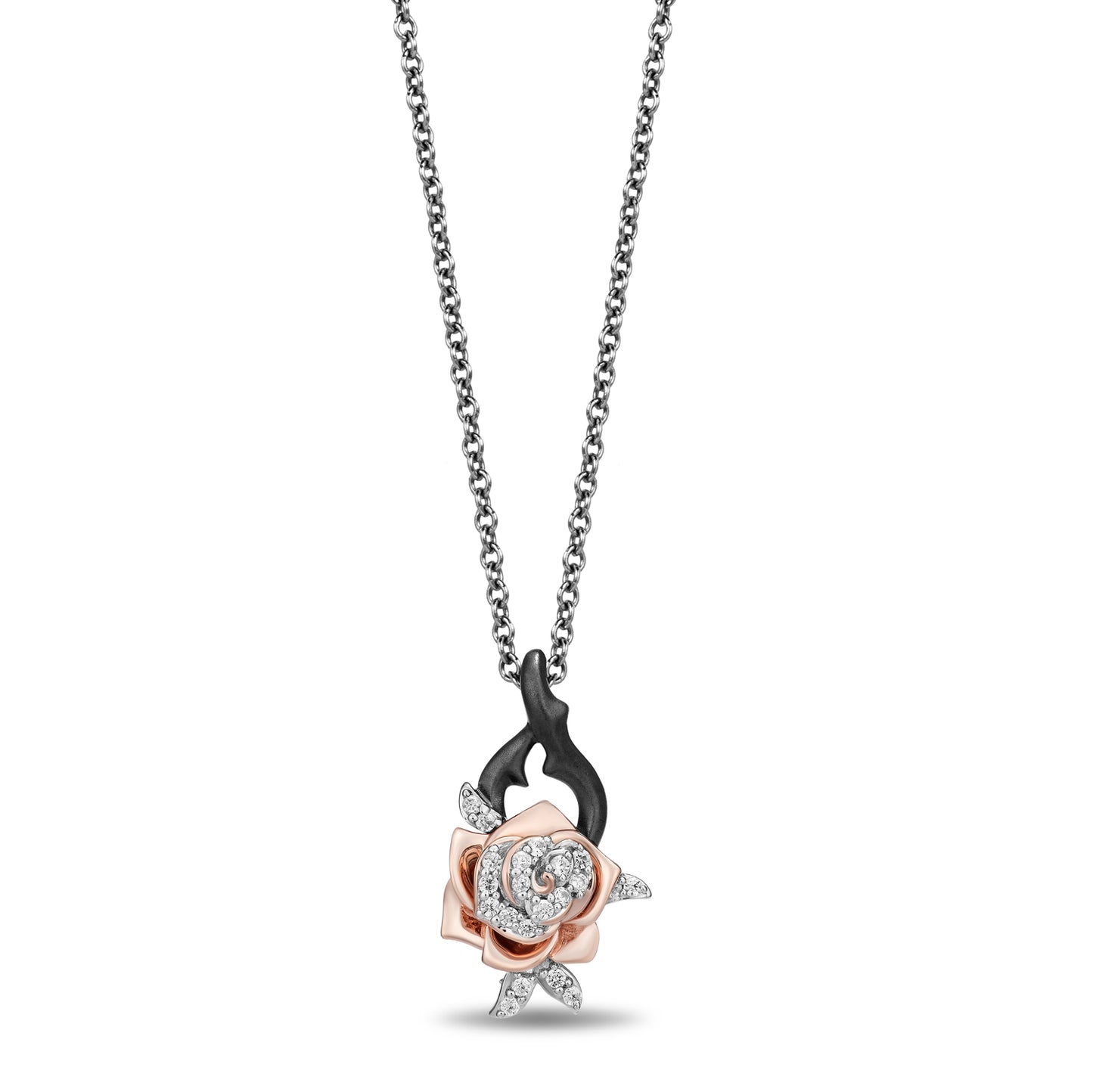 Enchanted Disney Fine Jewelry Black Rhodium over Sterling Silver and 10K Rose Gold with 1/10 CTTW Diamond Aurora Rose Pendant Necklace